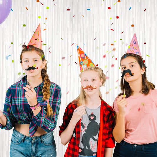 Voircoloria 3 Pack 3.3x8.2 Feet White Foil Fringe Backdrop Curtains, Tinsel Streamers Birthday Party Decorations, Fringe Backdrop for Graduation, Baby Shower, Gender Reveal, Disco Party