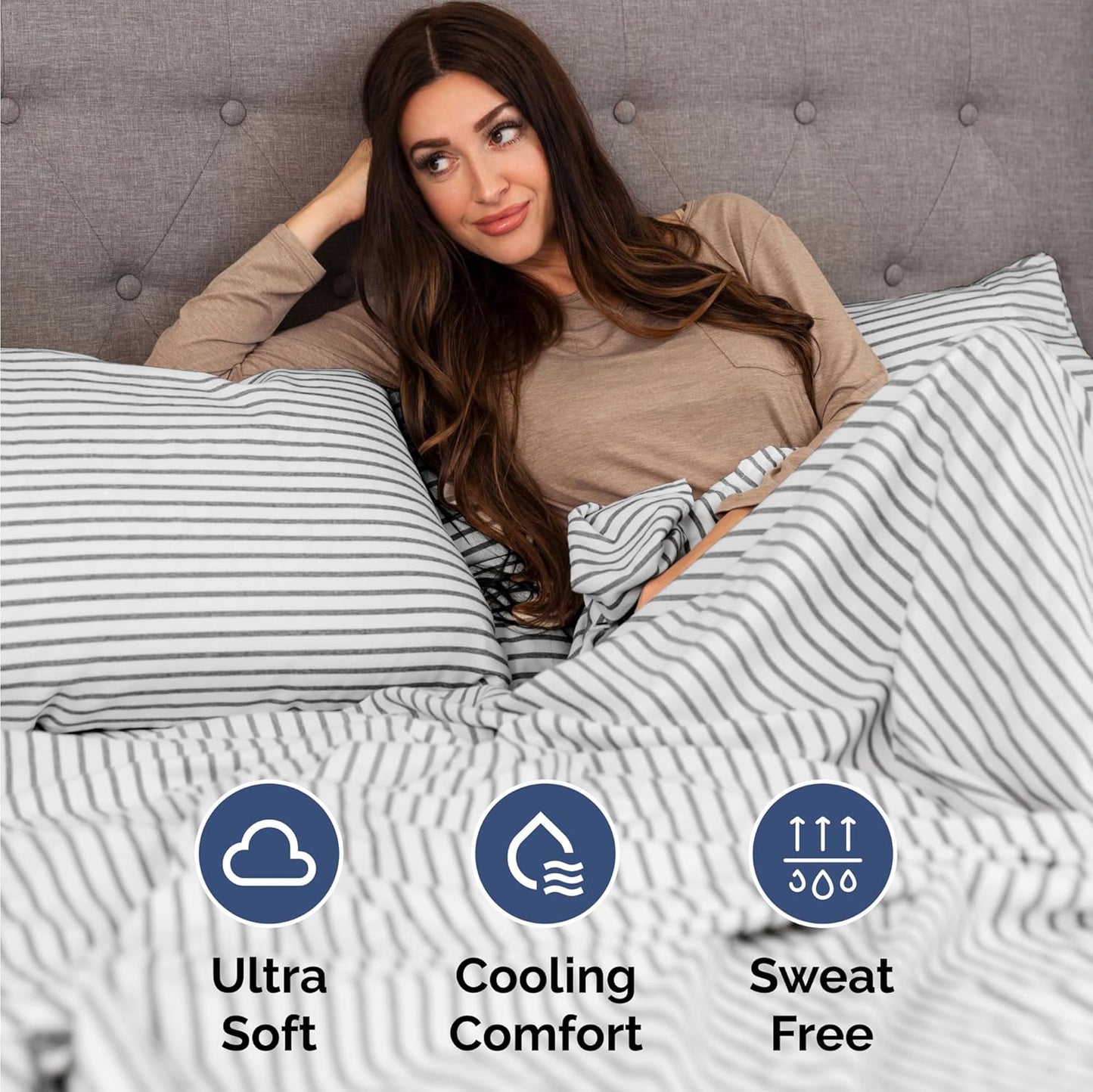 Skiennix Twin Size 3-Piece Sheet Set - Comfy Cooling Bed Sheets | Luxury Grey Stripes, Deep Pockets, Soft & Wrinkle-Free