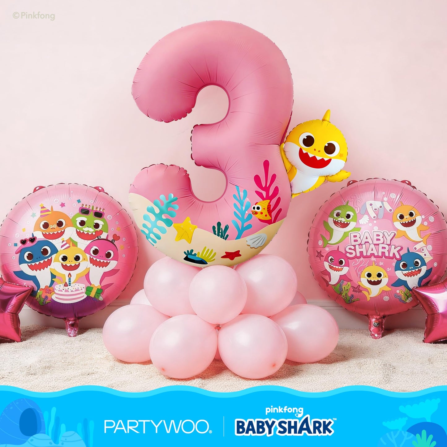PartyWoo Baby Shark Pink Foil Number 3 Balloon 5pcs 40 18 Inch Pink Round Star Mylar Helium Birthday Balloons for Boys and Girls Baby Shark Under the Sea Ocean Kids Third Birthday Party Decorations
