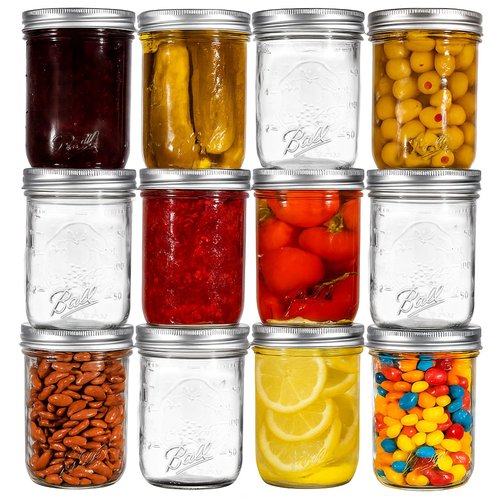 Ball Regular Mouth Mason Jars 8 oz. (12 Pack) - Half Pint Size Jars with Airtight Lids and Bands for Canning, Fermenting, Pickling, Meal Prep or DIY Decors and Projects Bundled with Peaknip Jar Opener