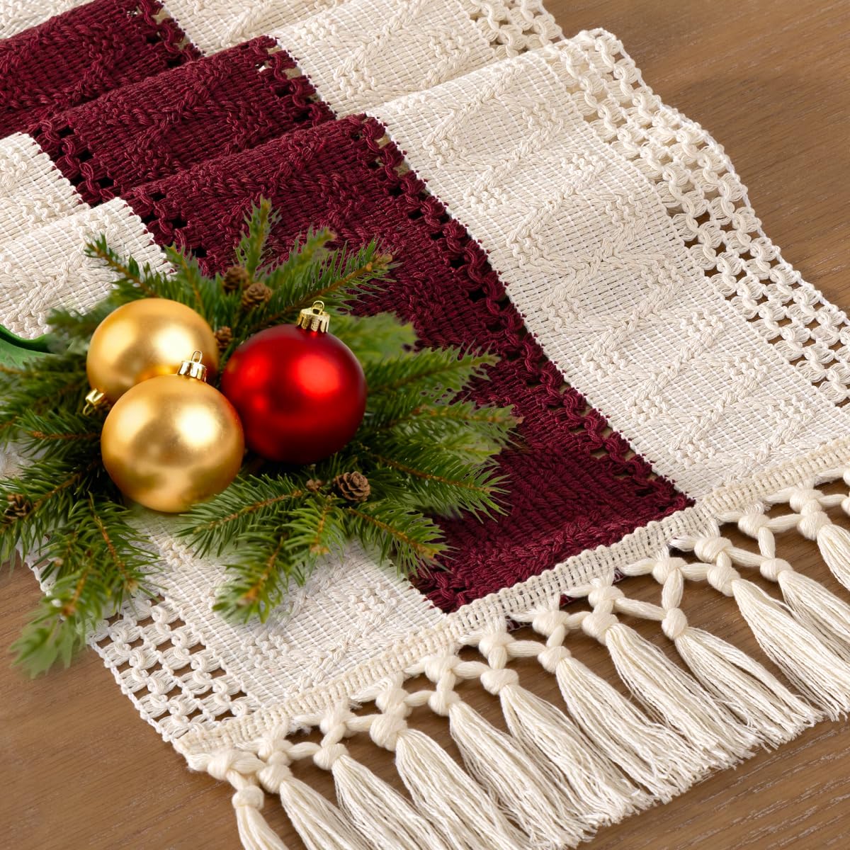 Socomi Boho Table Runner Easter Spring Farmhouse Rustic Dining Kitchen Centerpiece Decor Small Macrame Woven Cotton Linen Coffee Table Runner for Dresser Scarf Home Decor 12x36 in Burgundy Ivory