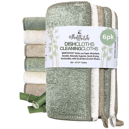 Whiffkitch Dishcloths Dishrags for Kitchen and Household Cleaning 6x7 6-Pack Non-Scratch 2-Ply Weave, Rayon Derived from Bamboo, Absorbent, Washable, Long-Lasting
