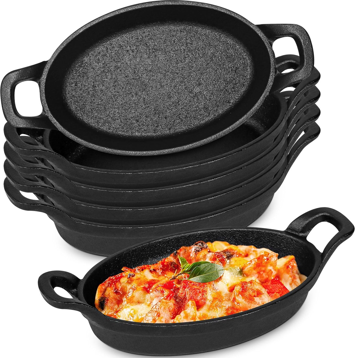 6 Pack Mini Cast Iron Skillets,6 x 3.8 x 1.2 Inch Oval Cast Iron Pan,Small Ramekin Set Black Casserole Dish Cookware Oven Safe Mini Skillets for Kitchen BBQ Indoor Outdoor Picnic
