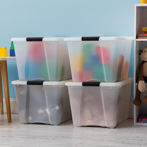 IRIS USA 54 QT Plastic Storage Box - BPA-Free, Durable Nestable Containers with Lids - 4 Pack, Pearl Color
