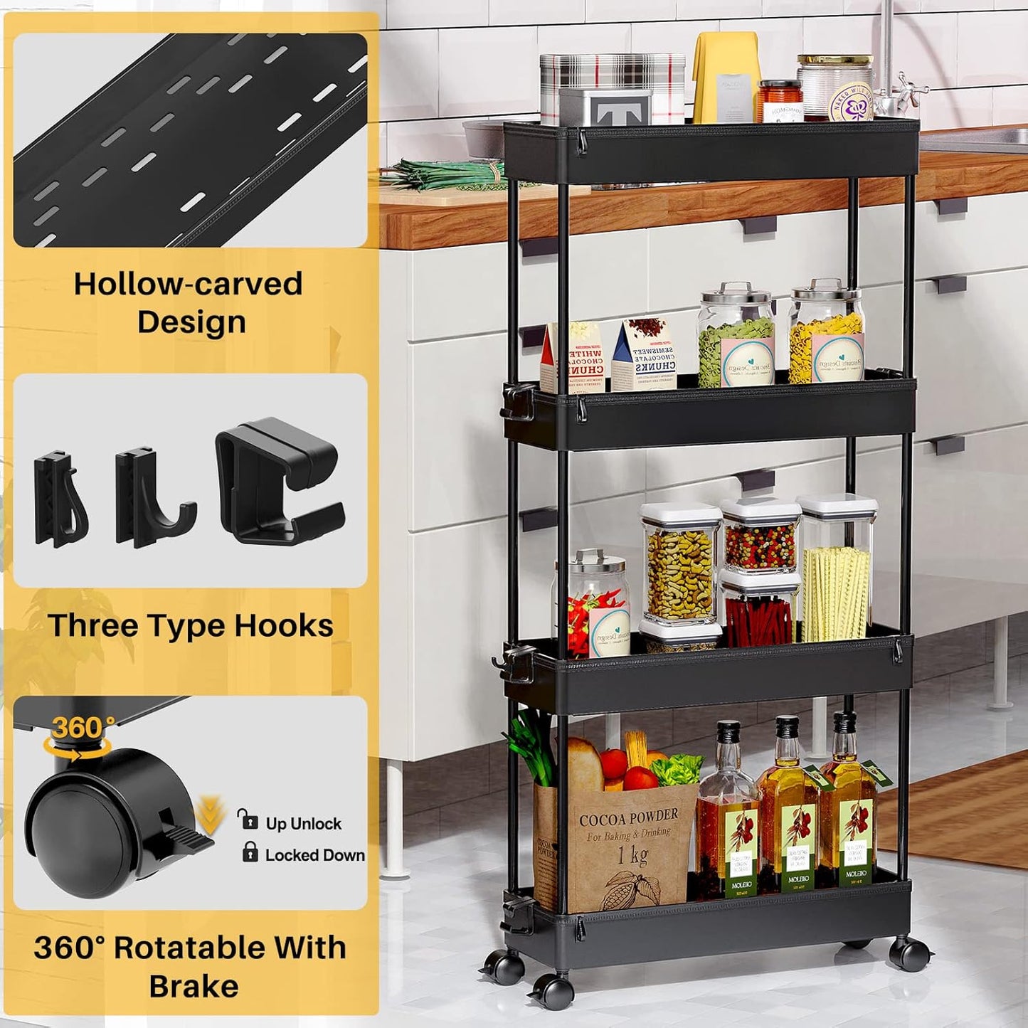 SPACEKEEPER Slim Rolling Storage Cart - 4-Tier Mobile Organizer for Bathroom, Kitchen & Laundry - Black