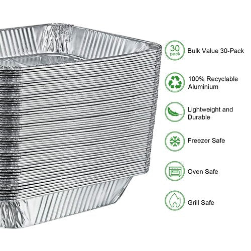 GrillChef Aluminum Foil Pans, Disposable 9x13 Baking Pans, 30 Pack Tin Foil Holders Half Size for Cake, Steam Table, Cooking, Heating, Storing, Aluminum Trays Heavy Duty