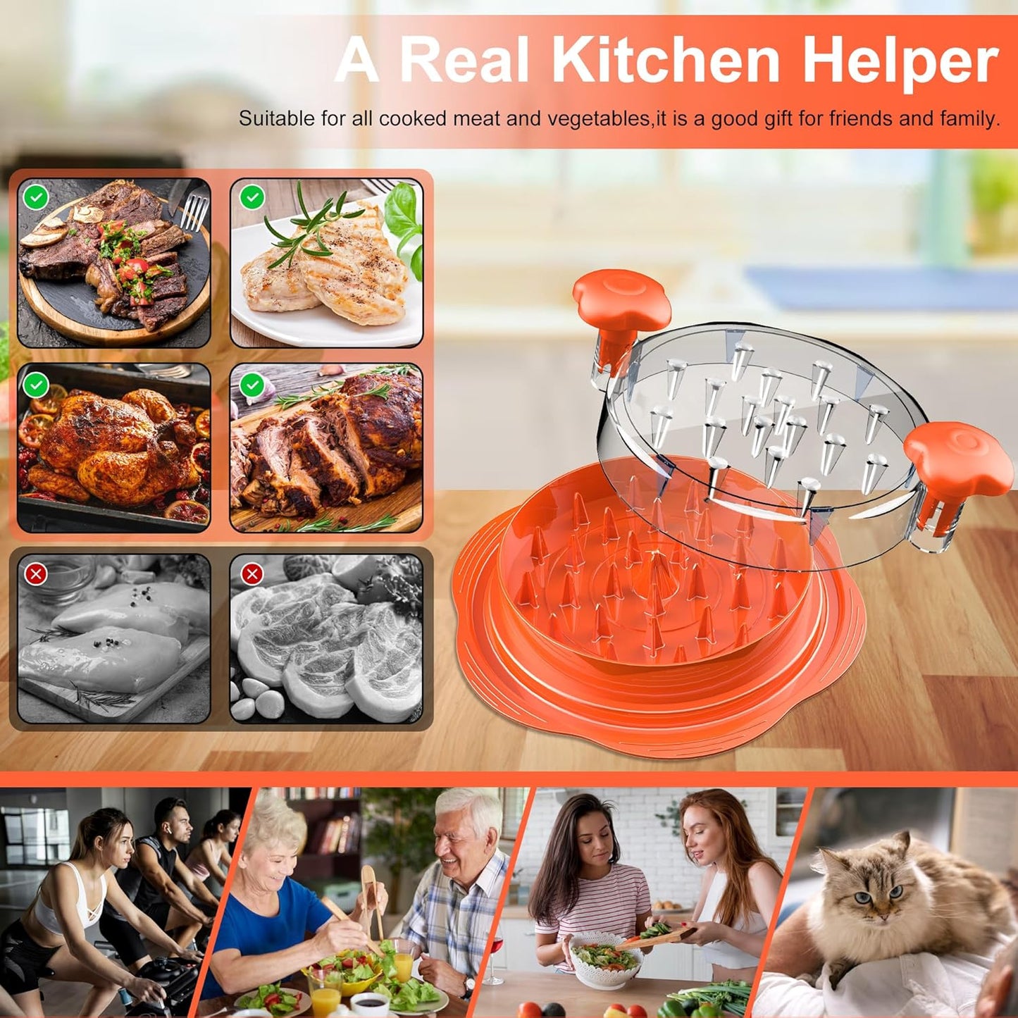 SURETIVIAN Chicken Shredder - Ergonomic Meat Shredder Tool with Brush & Fork | BPA-Free, Anti-Slip, Large Size (Orange)