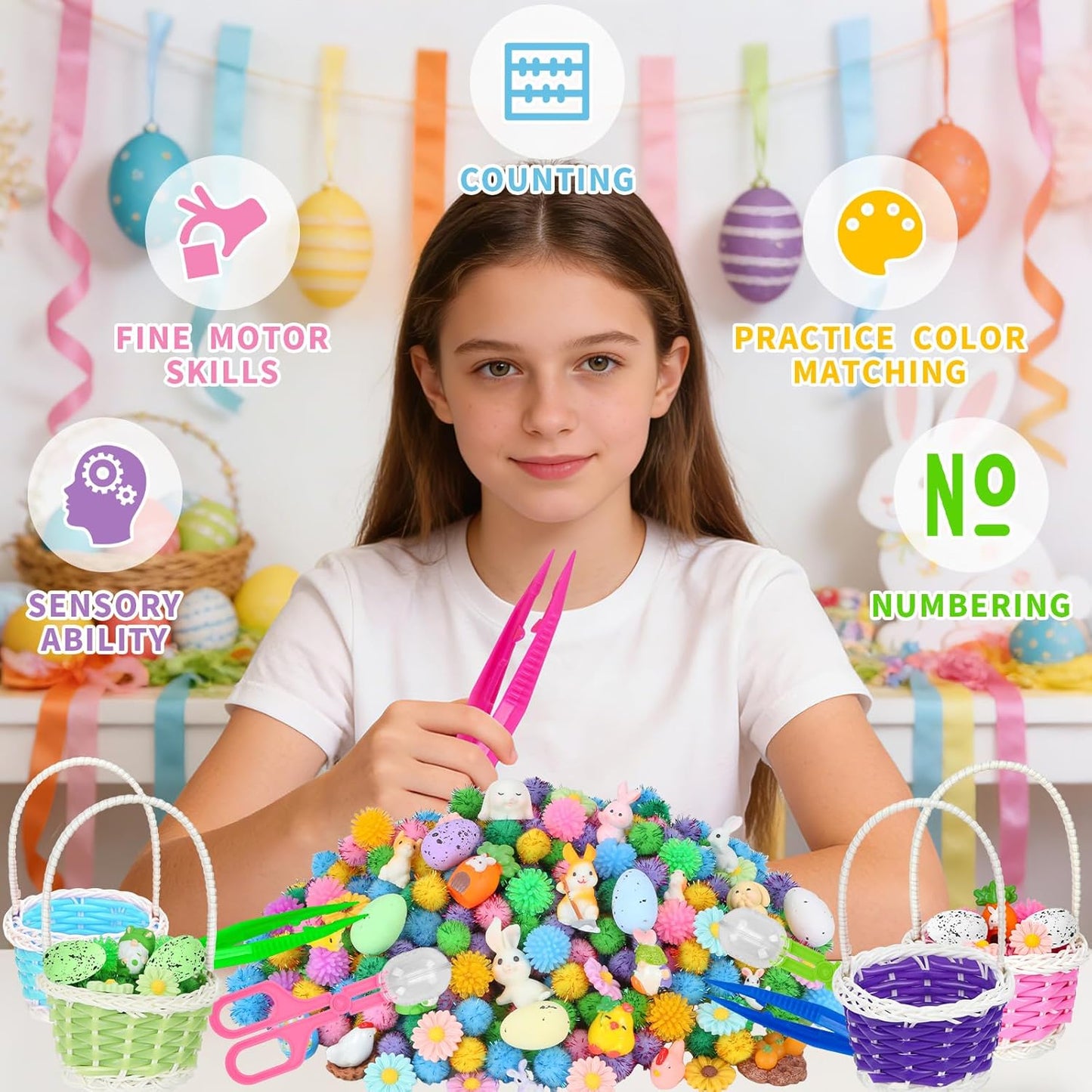 Skiennix Easter Sensory Bin Filler - 287 Pcs Colorful Eggs, Bunnies & Flowers for Counting Fun