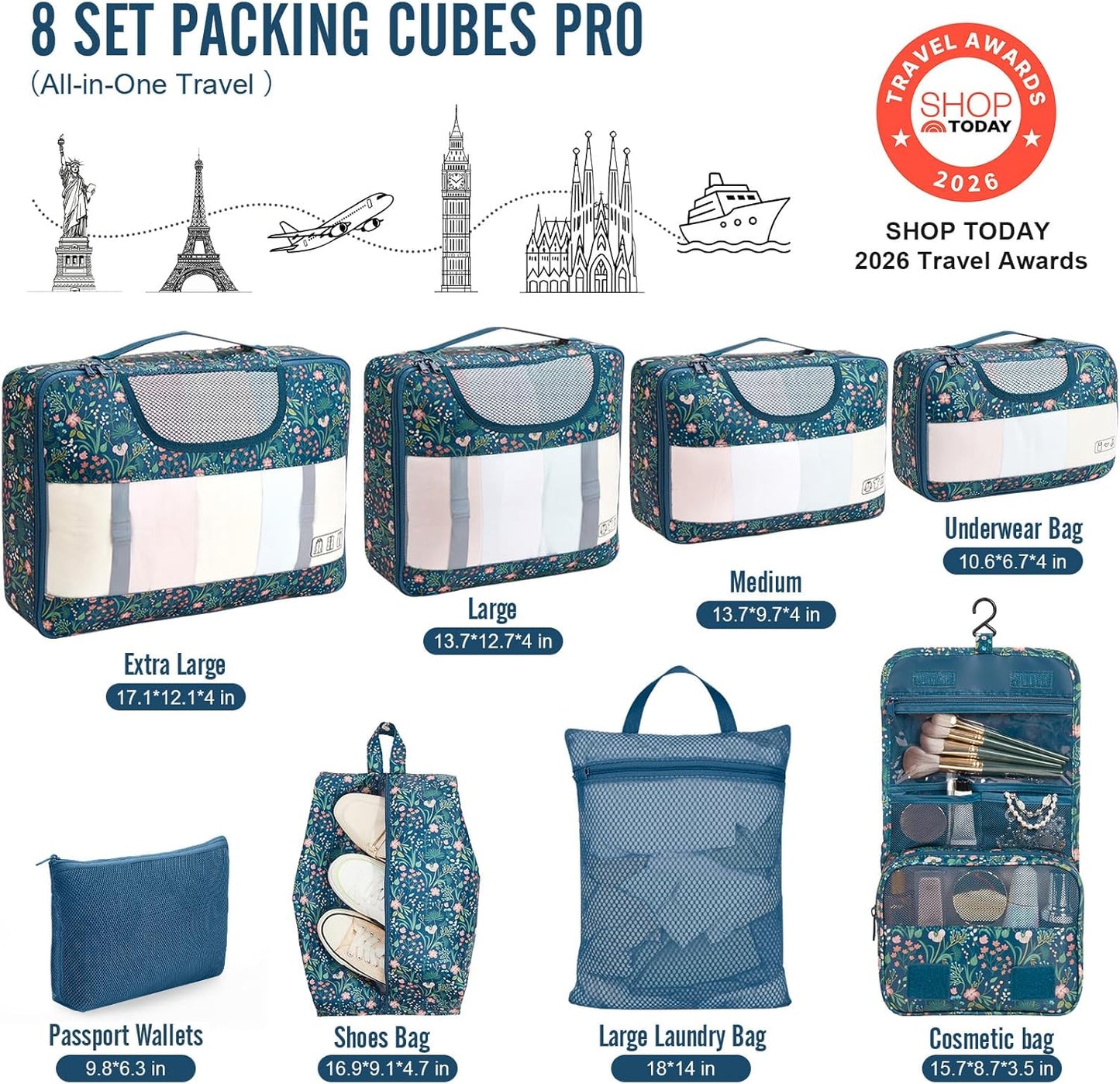 Veken Packing Cubes - 8-Piece Travel Organizer Set with Laundry Bag & Passport Holder | 4 Sizes for Luggage