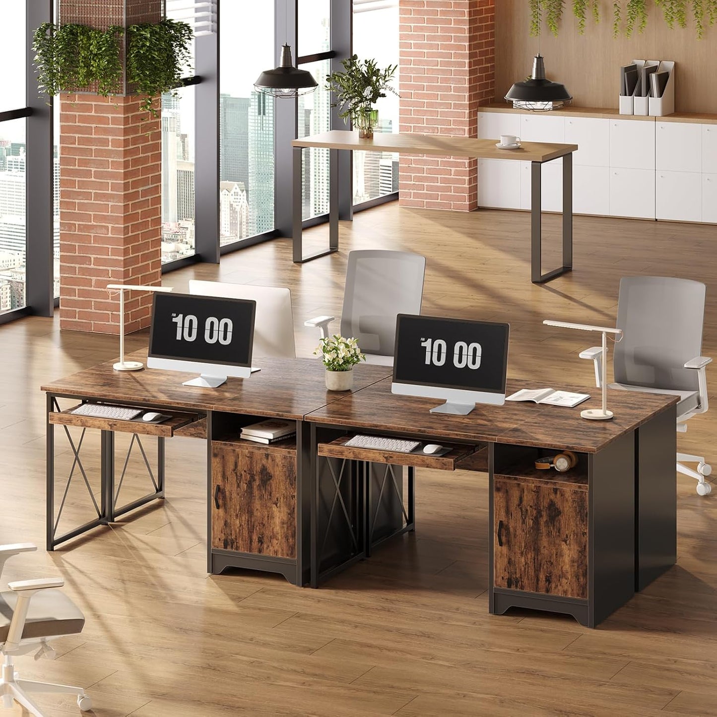 Bestier Office Desk - 47-Inch Industrial Computer Desk with Keyboard Tray & Storage | Rustic Brown