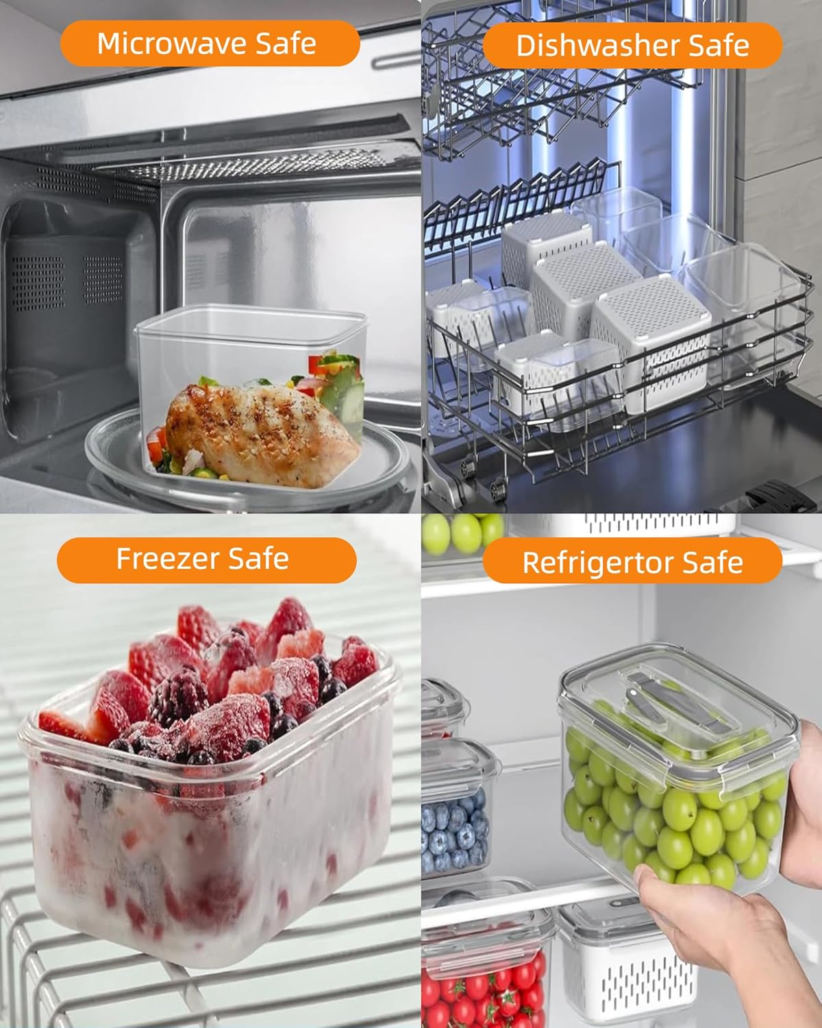SnowSky 4PCS 2-in-1 Fruit & Veggie Fresh Box - Airtight Leak-Proof Storage with Detachable Colander & Divider