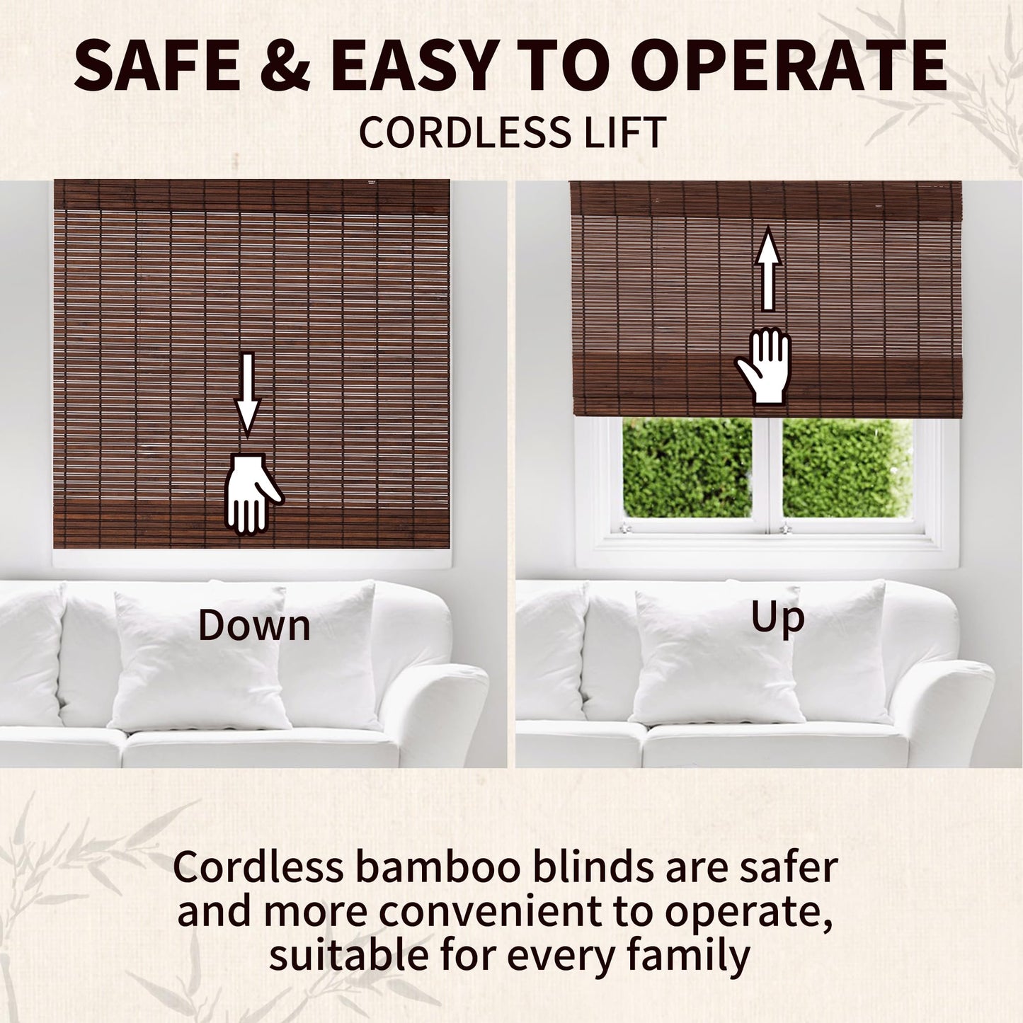 ALIMOO Cordless Bamboo Blinds Roman Shades Natural Weave Lift Up Bamboo Blinds for Indoor Outdoor Windows Home and Garden Patio Easy Installation 48W*72L