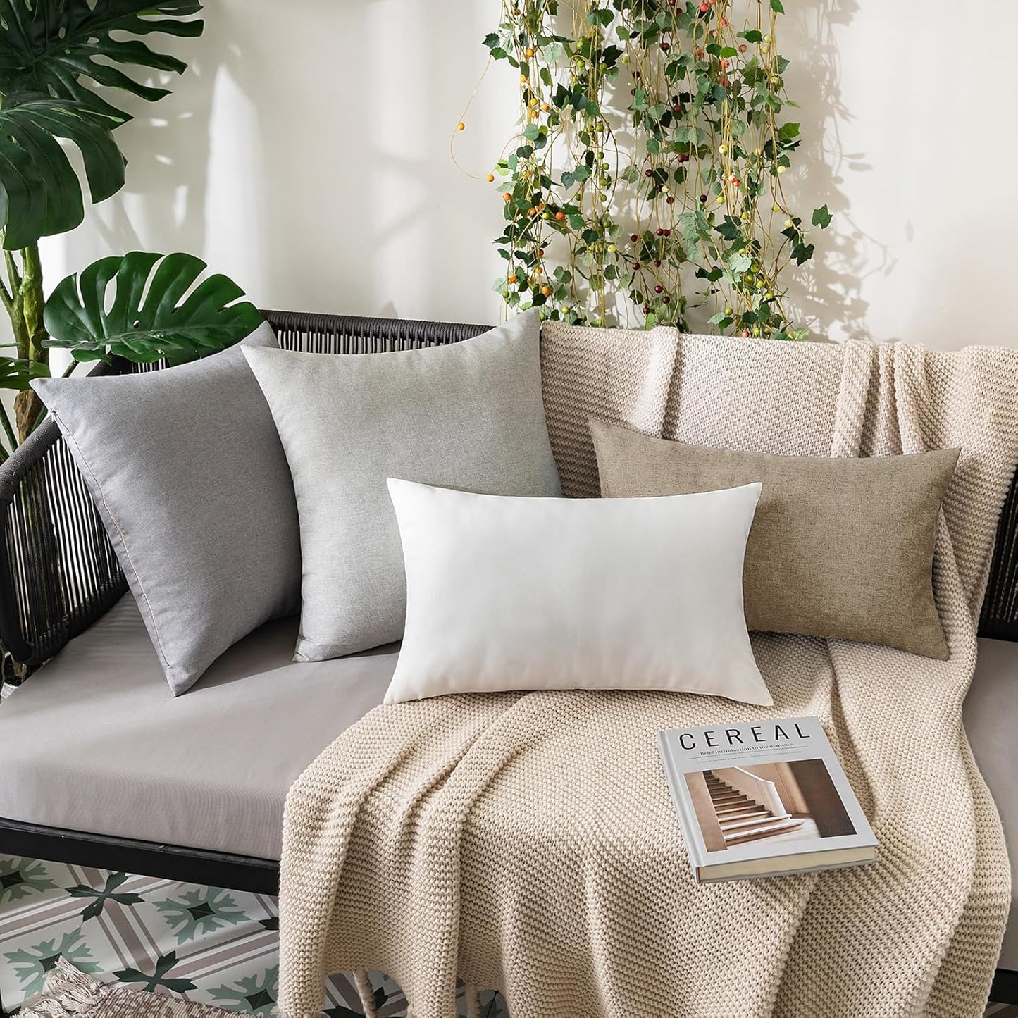 MIULEE Decorative Outdoor Throw Pillow Covers - Waterproof Faux Linen Cushion Cases | 20x20 Inch Taupe Grey (Pack of 2)
