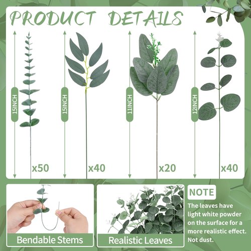 150 Pcs 4 Kinds Mixed Artificial Eucalyptus Leaves Stems Bulk Fake Silver Dollar Eucalyptus Bundle Faux Plants Greenery for DIY Bouquets Floral Arrangement Wedding Engagement Party Decor