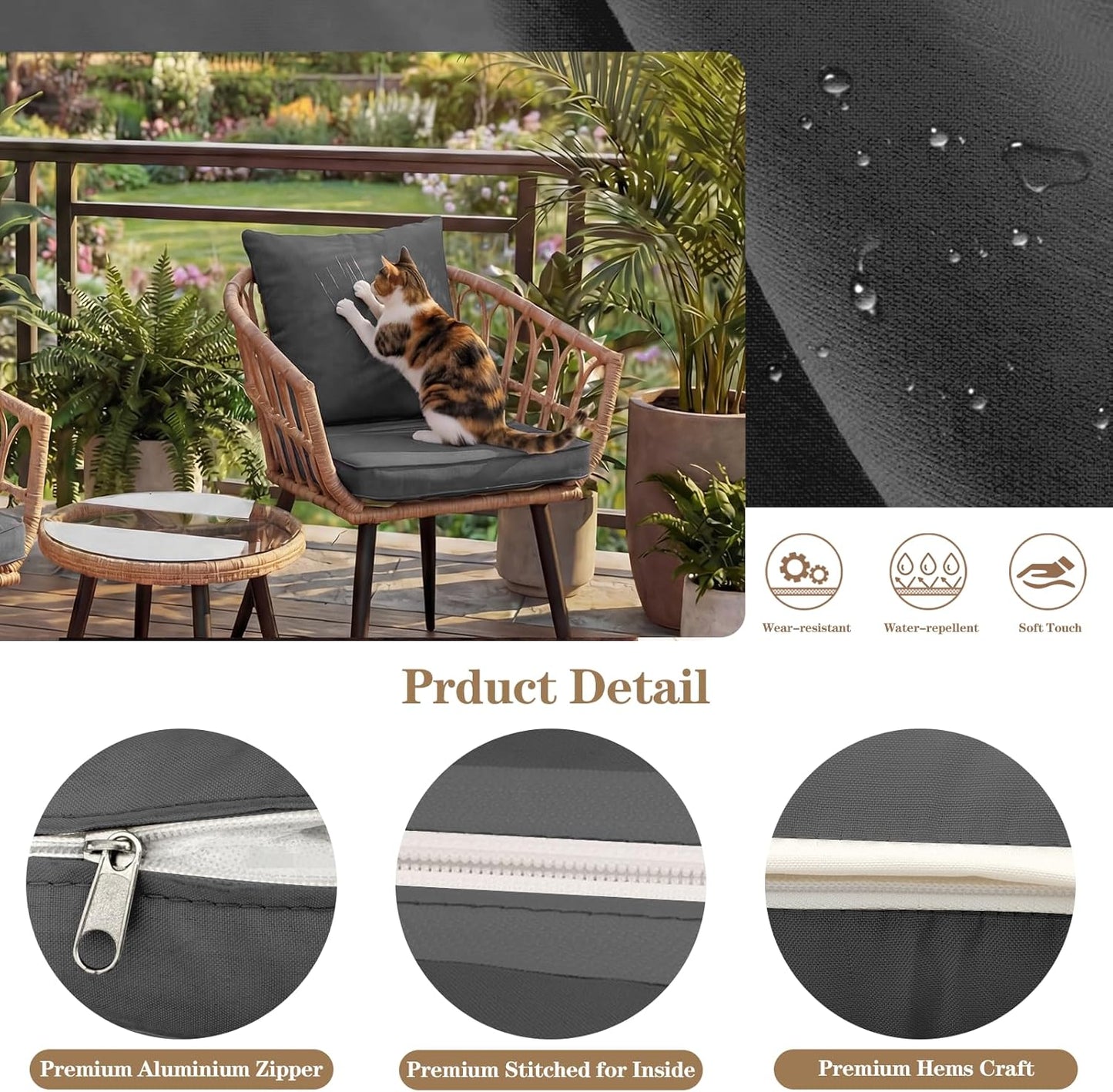 Skiennix Patio Cushion Covers - 4PCS Splash-Proof Deep Seat Slipcovers for Outdoor Furniture | Grey