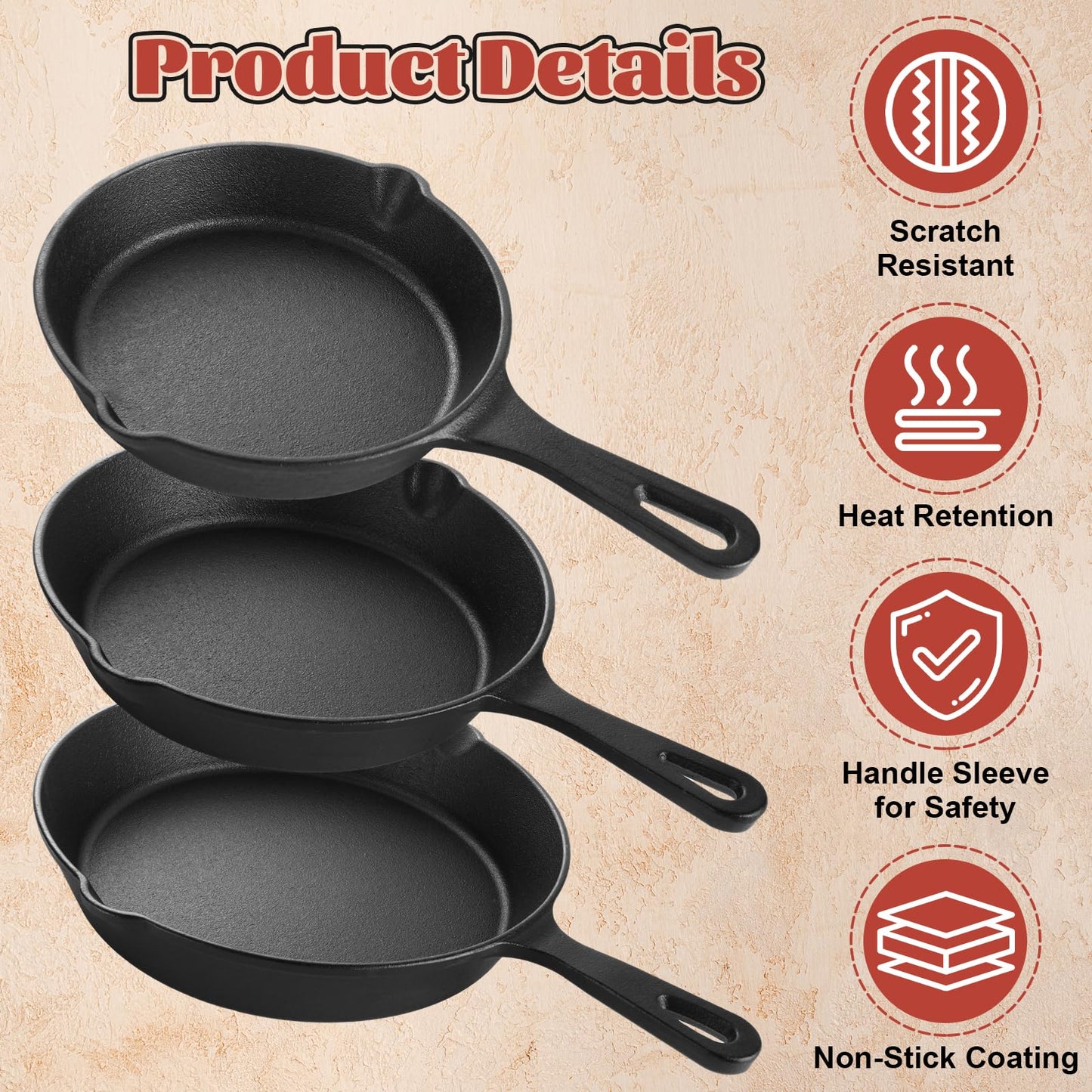 QTLCOHD 3 Pcs Cast Iron Skillet Set, 6, 8, 10 Inch Non Stick Cast Iron Frying Pans with Heat-Resistant Handles for Stove, Oven, Grill & Campfire, Black