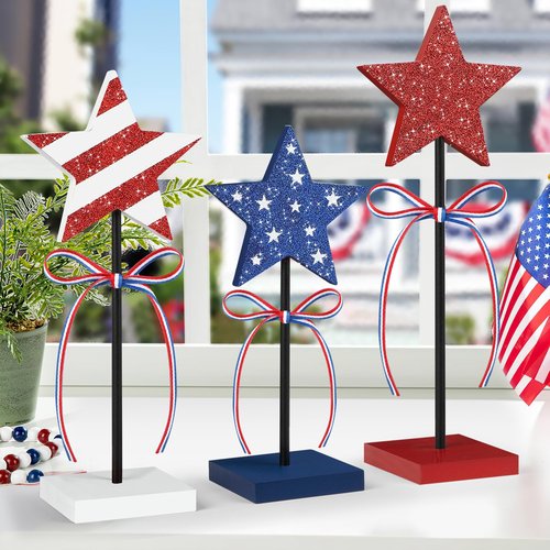Hedeey 4th of July Tiered Tray Decor Wooden Star Set, 3 Pcs Memorial Day Table Decorations, Rustic Patriotic Tabletop Home Decor, Red White and Blue Decorations for Home (Shiny)