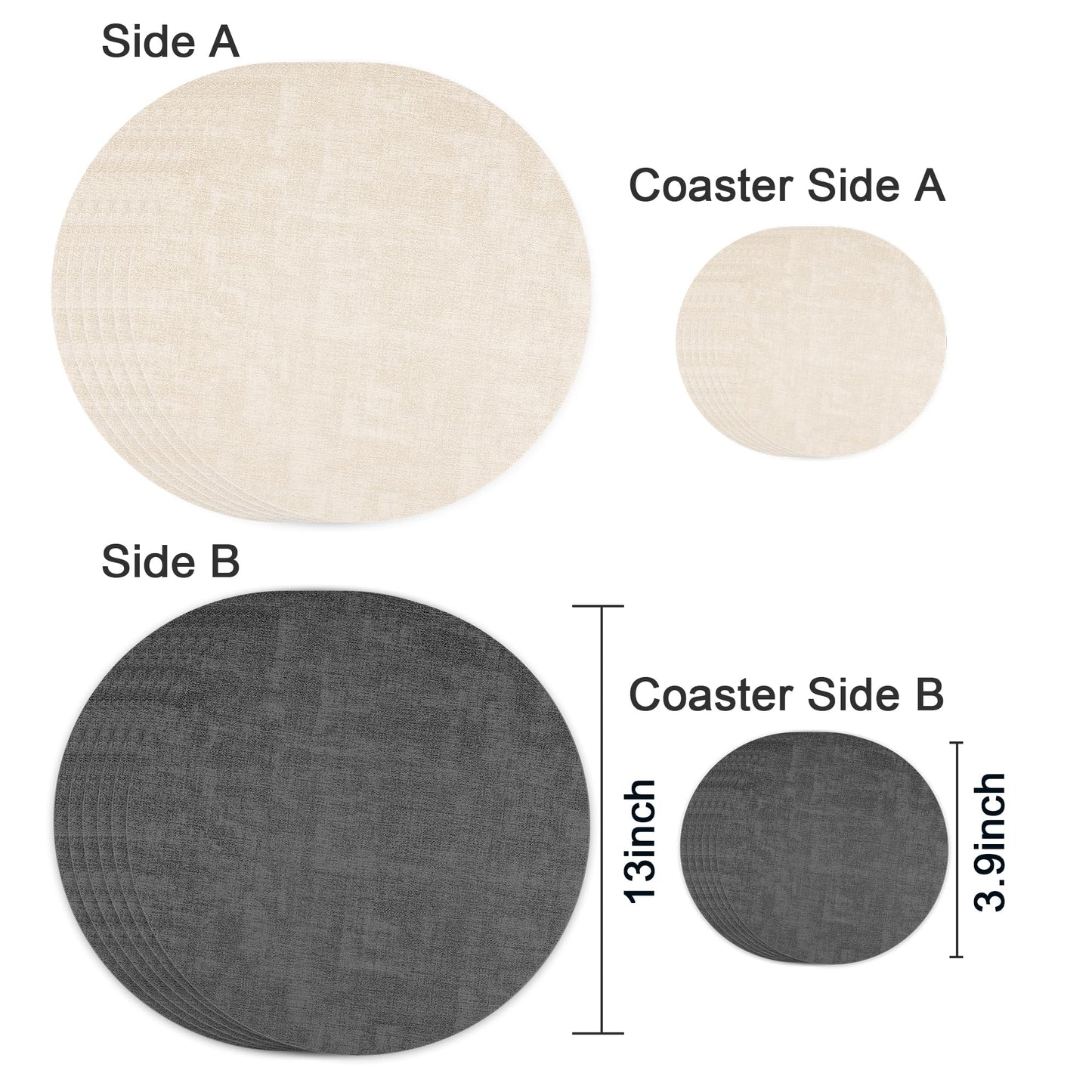 13-Inch Faux Leather Round Placemats Set of 6, Waterproof Anti-Slip Dual Sided Place mats, Heat Resistant Washable Table Mats with Coaster, Suitable for Indoor & Outdoor (6, Black Beige)