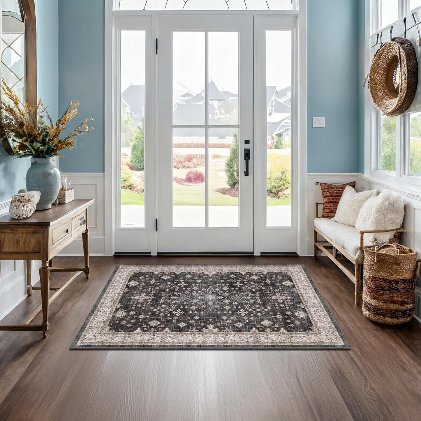 Skiennix Black Boho Washable Entry Rug - Non-Slip, Stain & Fade Resistant | 3x4 Indoor Door Mat