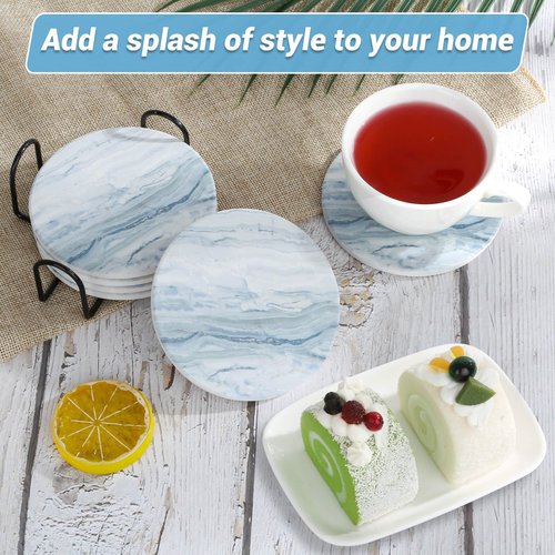 Acejoz Drink Coasters with Holder for Coffee Table, Absorbent Coasters Set of 6, Marble Style Ceramic Coaster for Wooden Table, Suitable for Kinds of Cups, Home Decor, 4 Inches(Blue)
