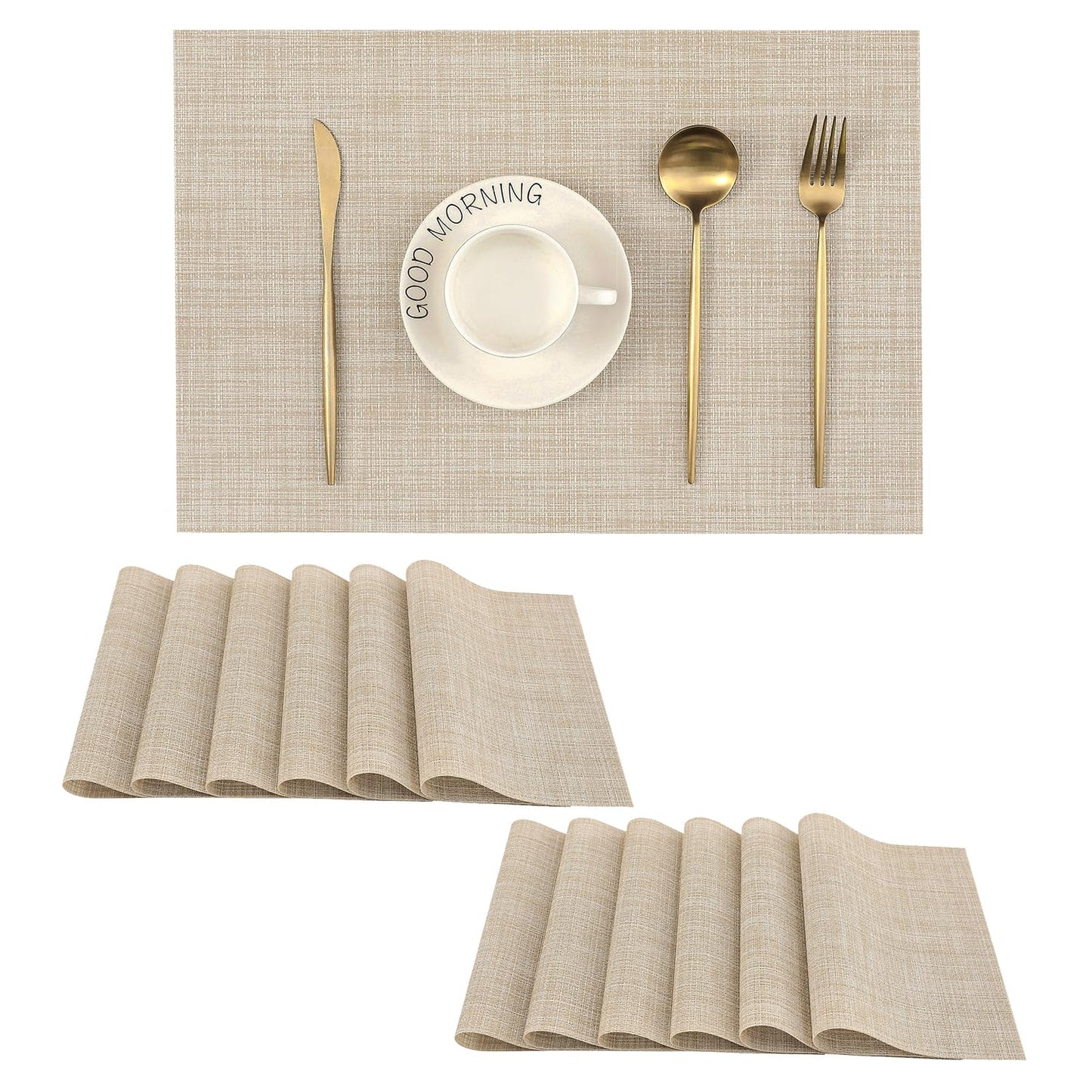 Leetaltree Brown with Black Striped Placemats Set of 12 - Heat Resistant Non-Slip Place mats for Dining Table, Washable Durable PVC Vinyl Woven Table Mats（Brown Stripe, 12）