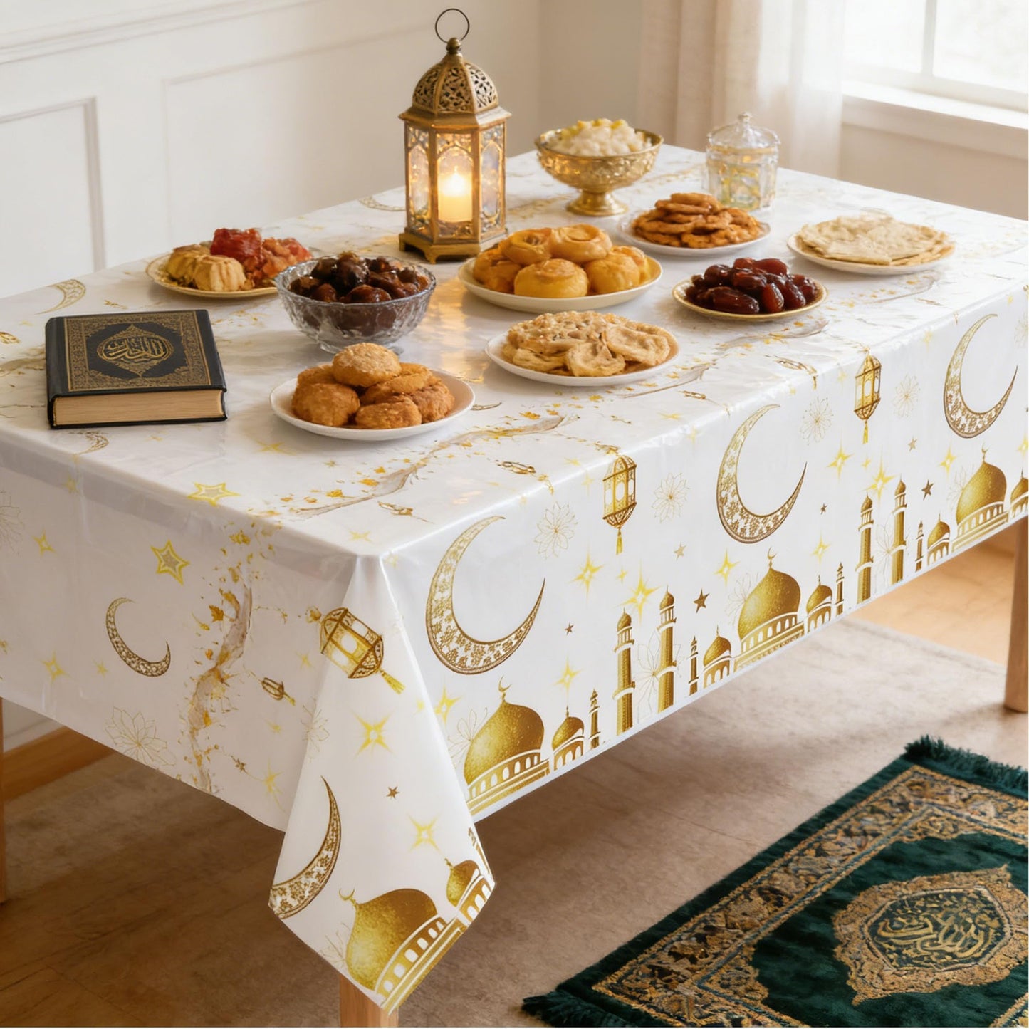 Ramadan Plastic Disposable Table Cloth: White and Gold Mosque Moon Star Lamp Ramadan Kareem Table Cover Muslim Eid Al-fitr Eid Mubarak Tablecloths for Ramadan Party Supplies 54×108Inches(3 Pcs)