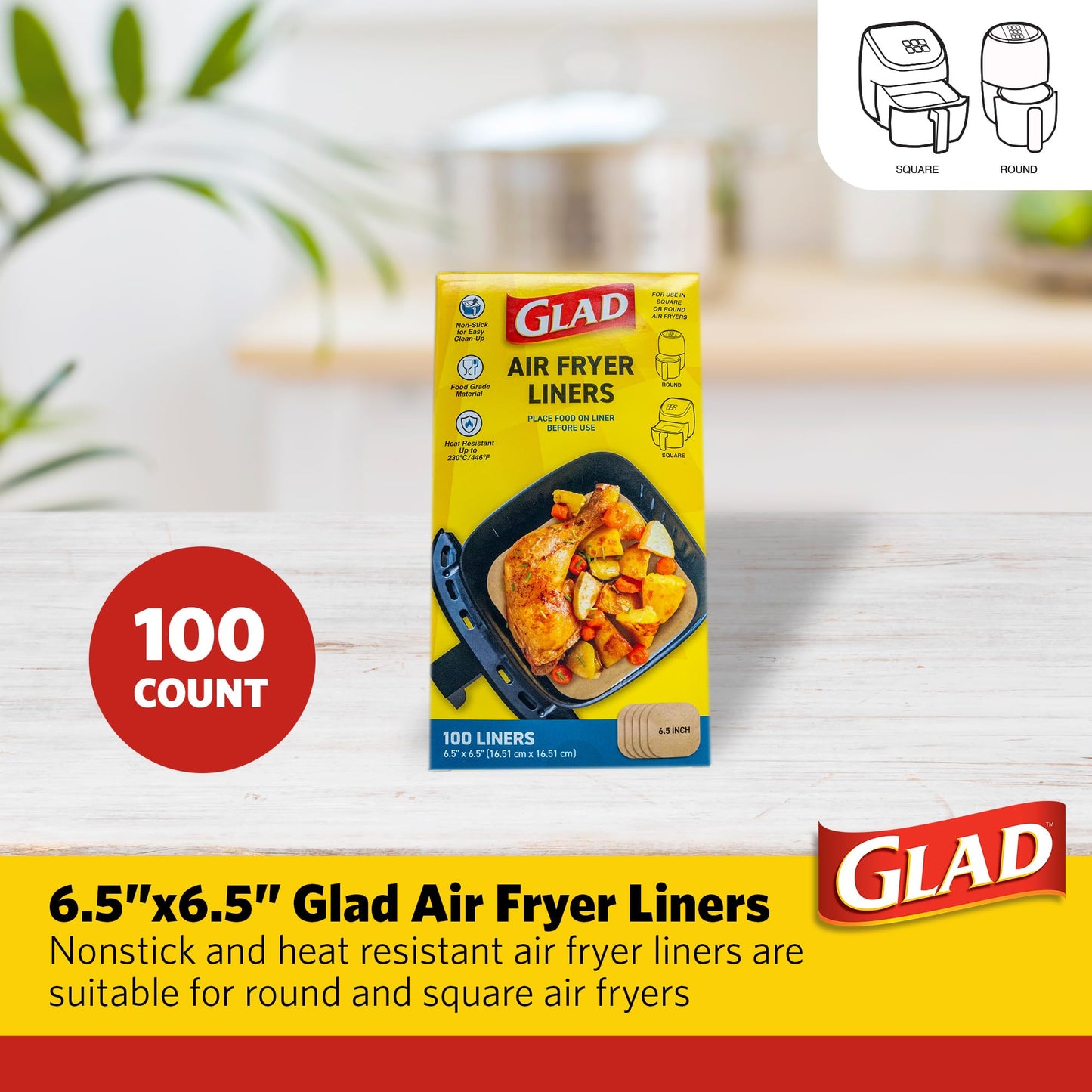 Glad Air Fryer Parchment Liners, Nonstick, Heat Resistant to 446 Degrees F, Food-Grade Material, Flat Square for Round and Square Air Fryer Baskets, 6.5" x 6.5", 100 Count