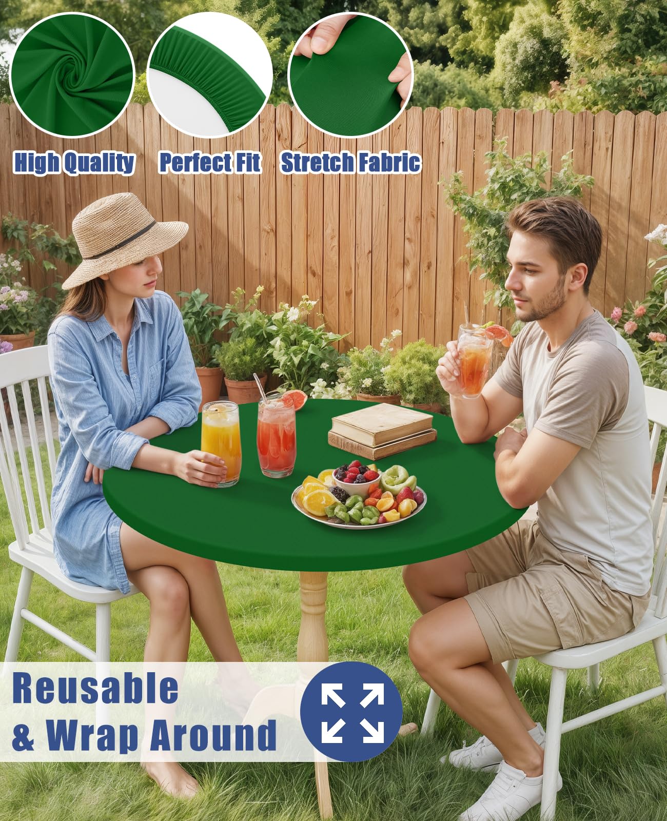 Moosfor Round Spandex Tablecloth, Elastic Fitted Waterproof Tablecloths for 42"-50" Tables, Stretch Washable Picnic Table Cover for Camping, Dining, Indoor and Outdoor, Emerald Green