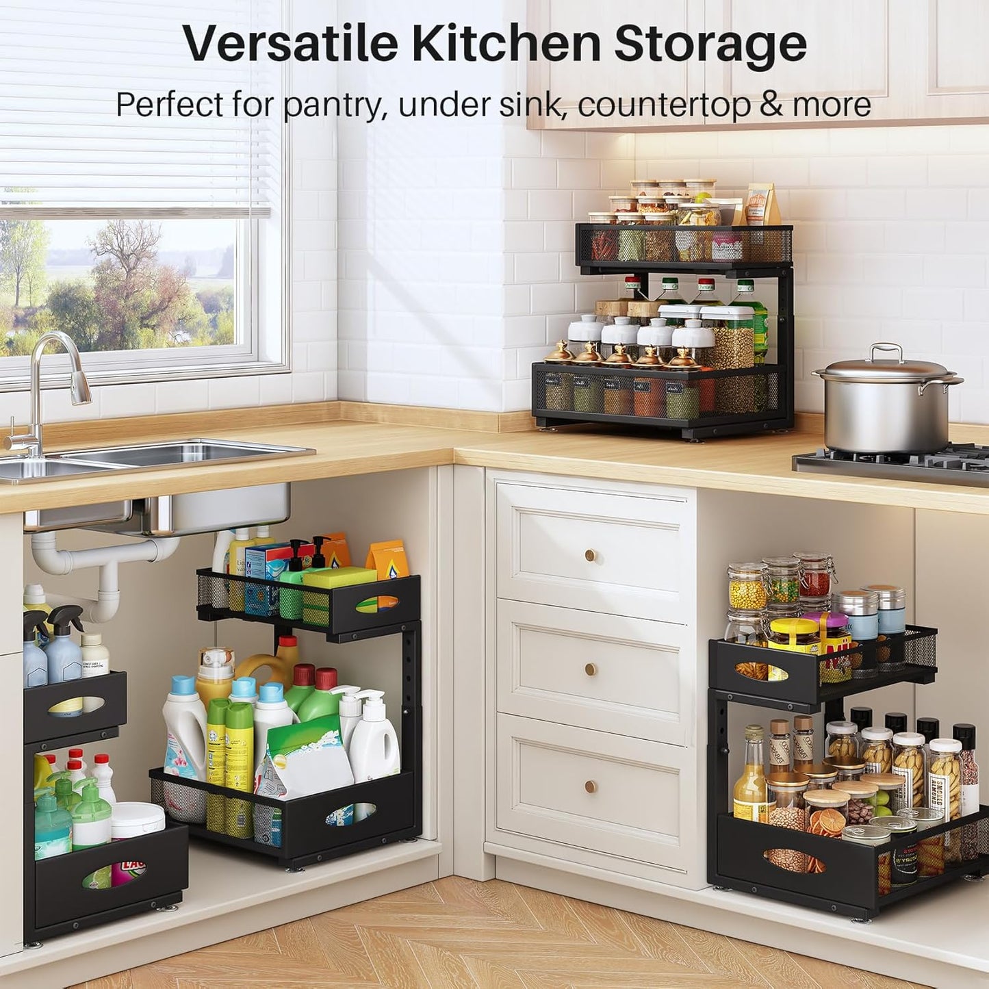 Under Sink Organizer - 2 Tier Pull Out Cabinet Shelf with Mesh Drawers | Black Storage Solution