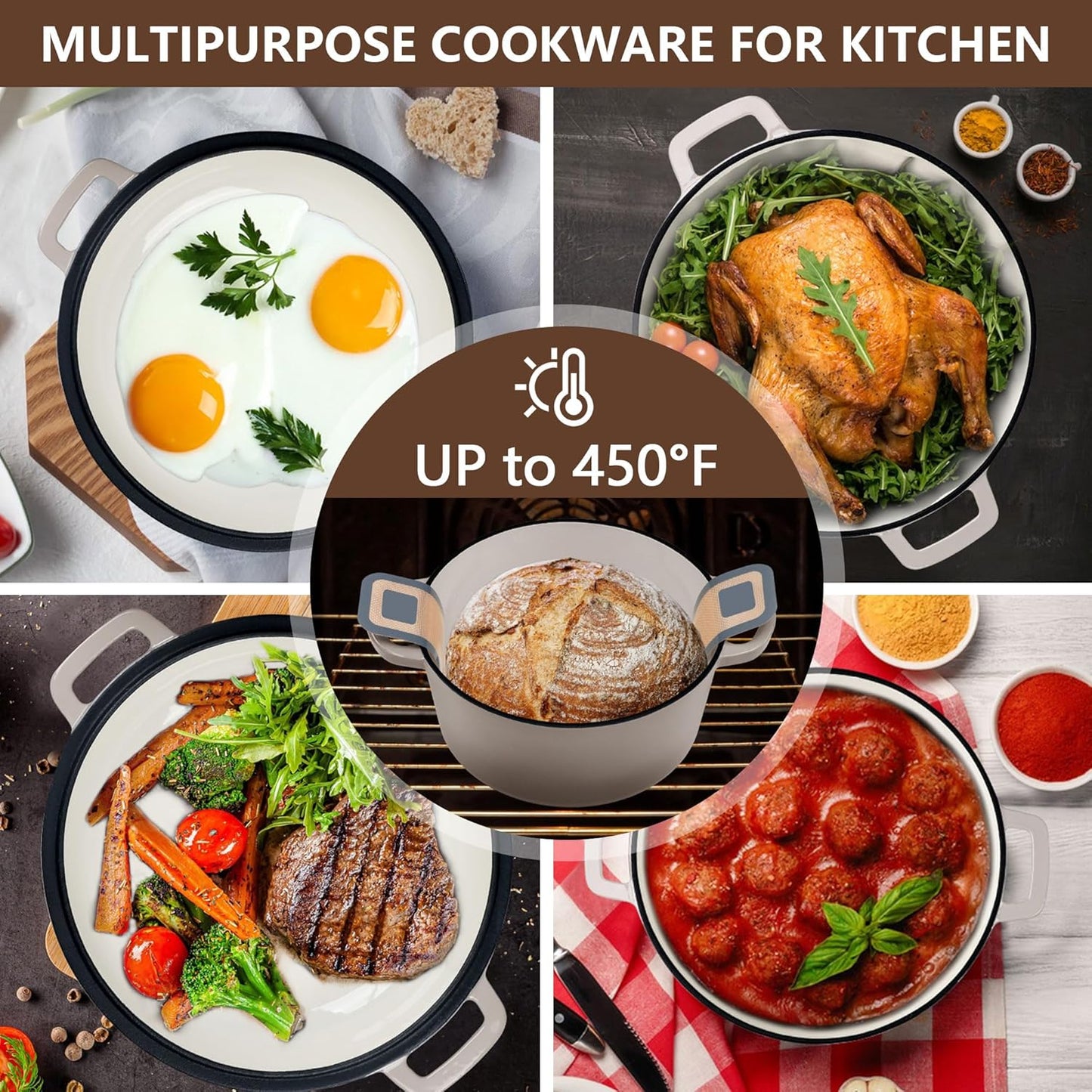 E-far 5 Quart Enameled Cast Iron Dutch Oven, 2 in 1 Dutch Oven Pot with Skillet Lid and Silicone Bread Sling, Ideal for Bread Baking, Cooking, Stewing, Frying, Induction & Oven Safe - Red