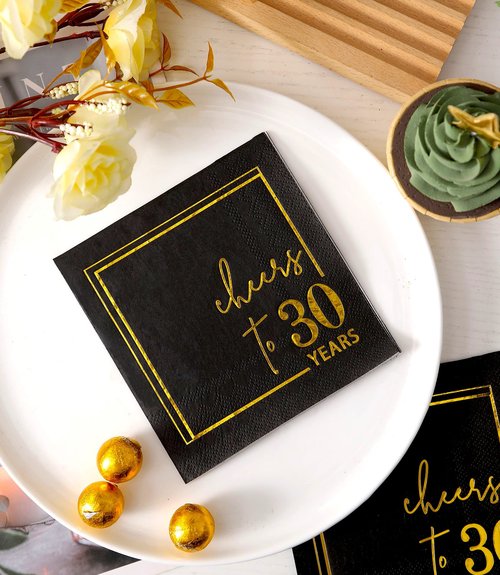 Cheers to Years Cocktail Napkins - 50 PK - 3-Ply Birthday Napkins 5x5 Inches Disposable Party Napkins Beverage Paper Napkins or Birthday Decorations Wedding Anniversary Black and Gold (30 Years)