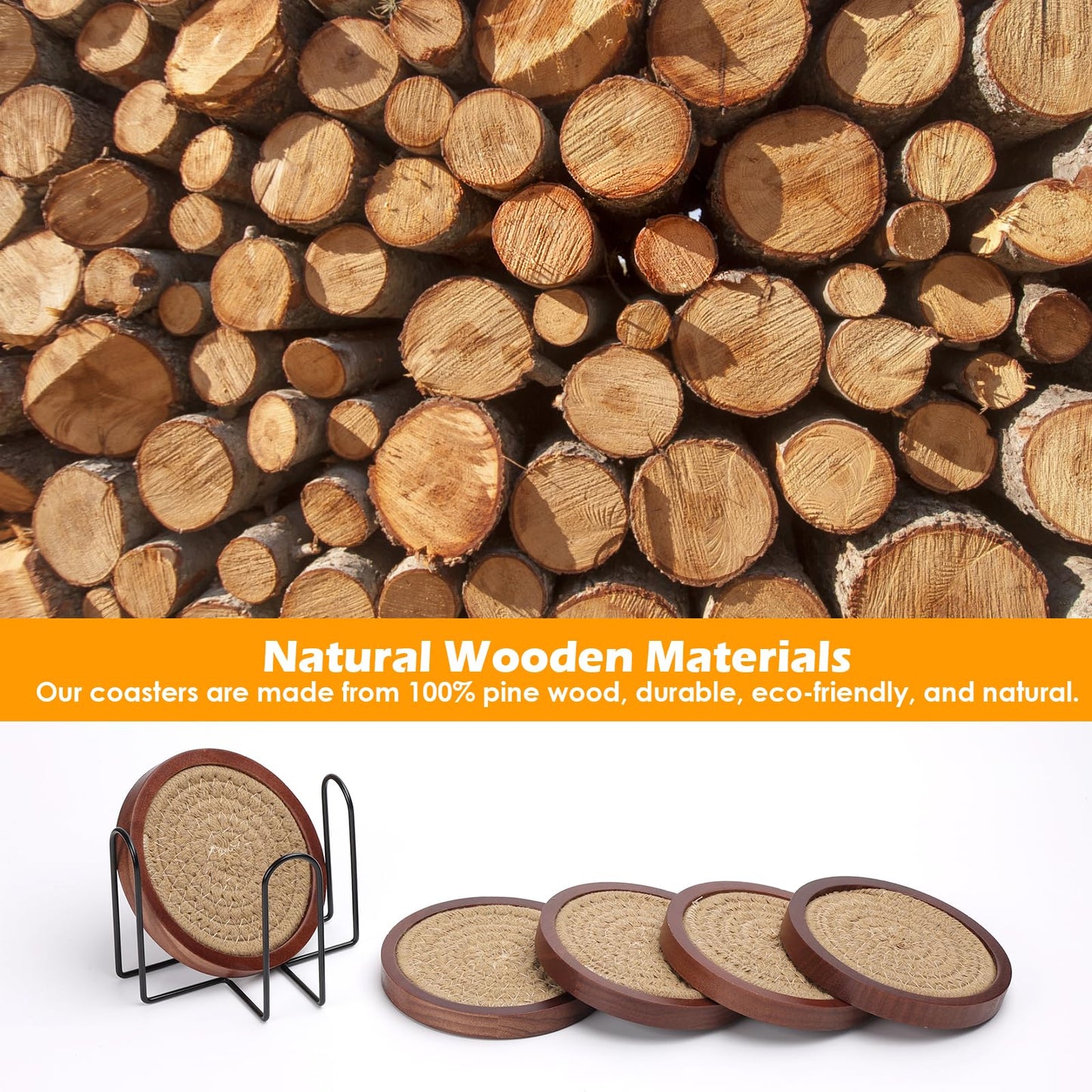 Mckanti 5 Pack Wooden Coasters with Holder for Coffee Table Decor, Absorbent for Kinds of Cups, 4.3 Inches