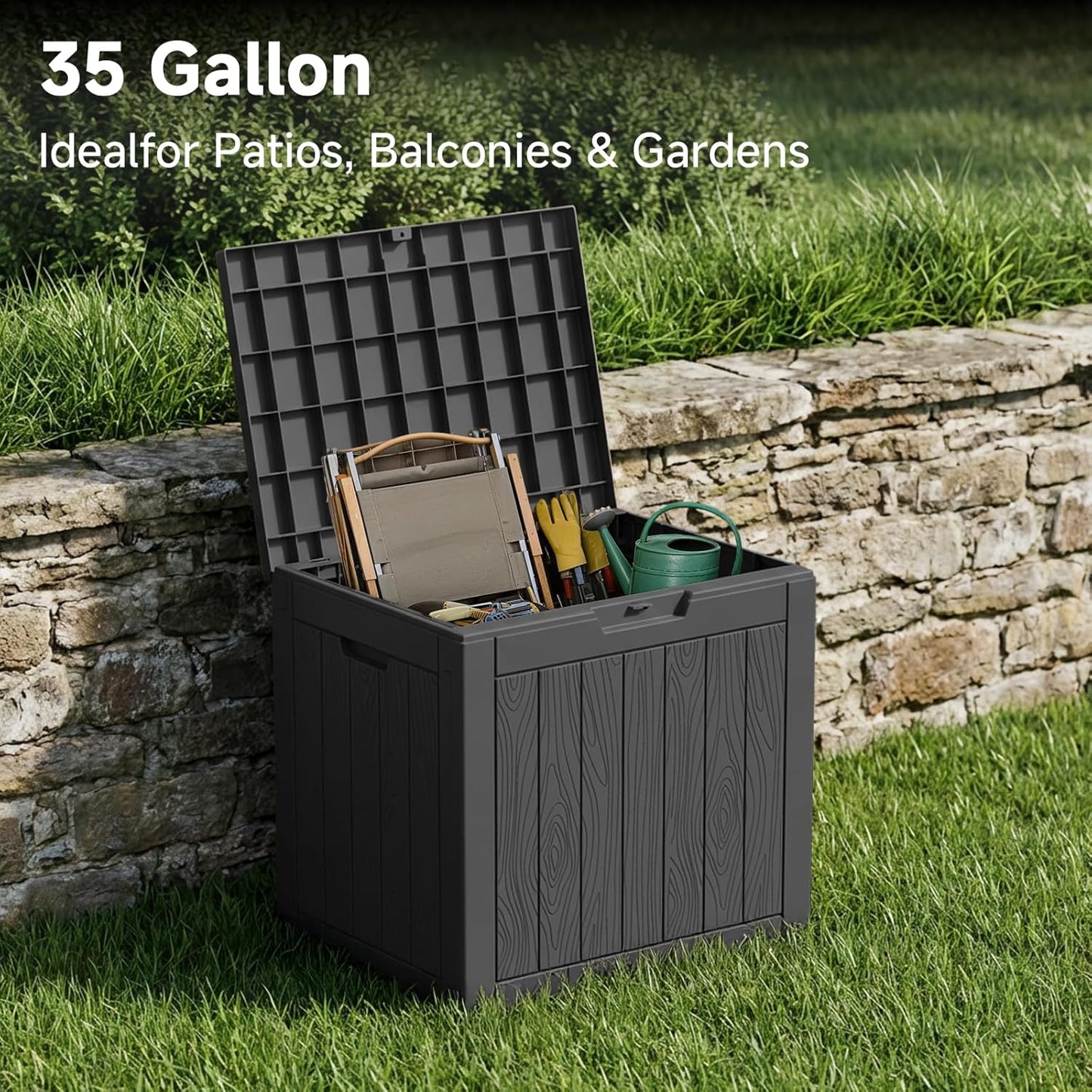 PatioZen 35 Gallon Waterproof Outdoor Deck Box - Lockable Resin Storage for Garden Tools & Cushions (Black)