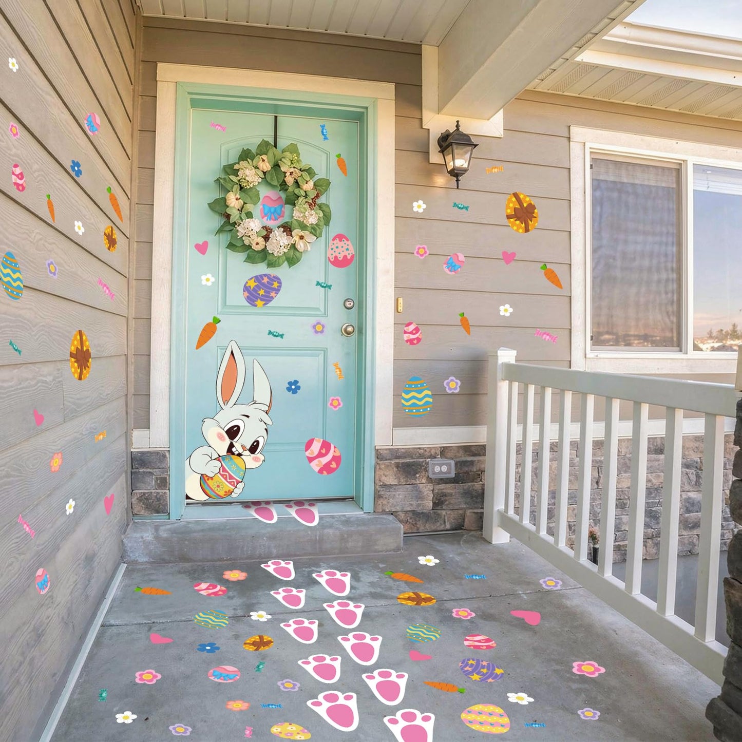 GULWAT 299 PCS Easter Bunny Footprints Stickers for Floor, Cute Rabbit Footprints for Easter Hunting Games Bunny Paw Prints Floor Decals Clings Flower Carrot Holiday Party Home Wall Window Decorations