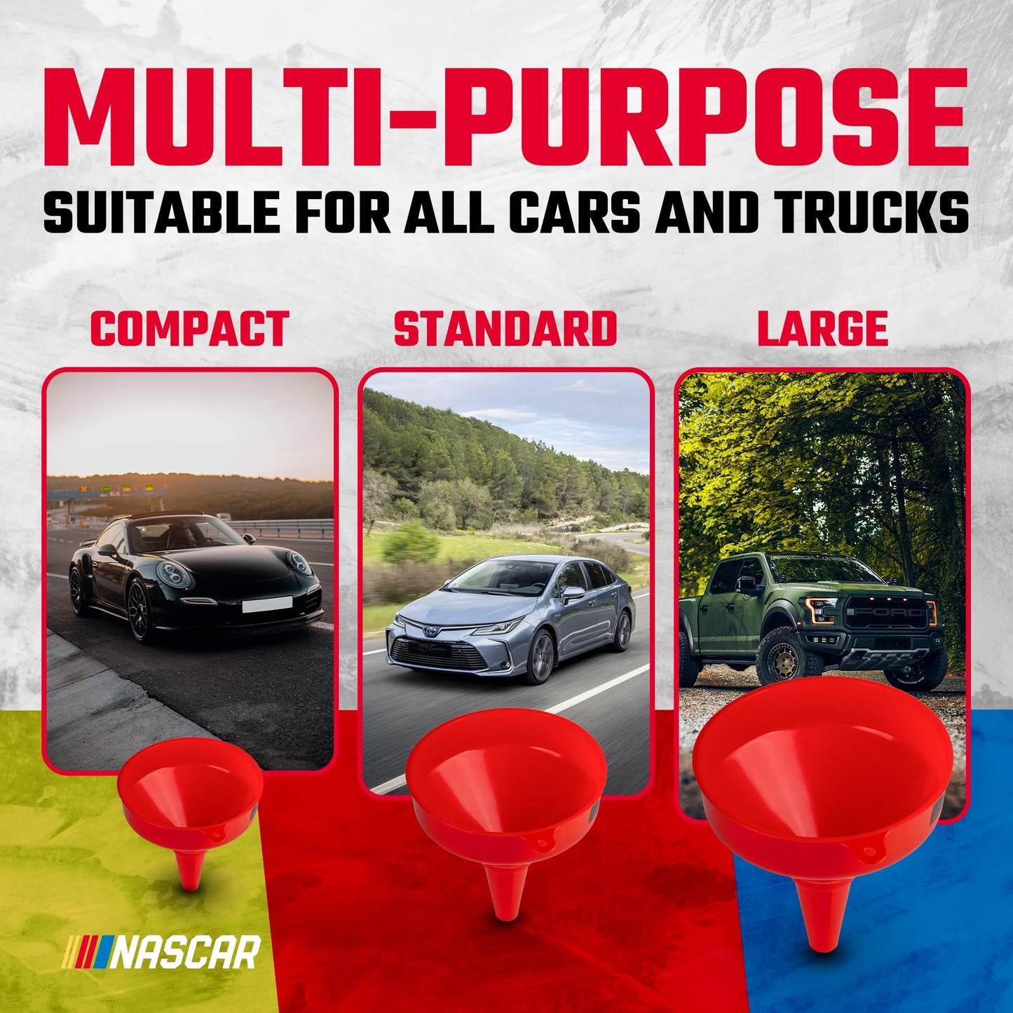 NASCAR Automotive Funnel Set – Oil, Gas & Fluid Funnels for Cars & Trucks | Durable, Lightweight, & Versatile | Includes 3 Sizes: Small, Medium, Large | Multi-Purpose Use for Oil Changes, Fuel, & More