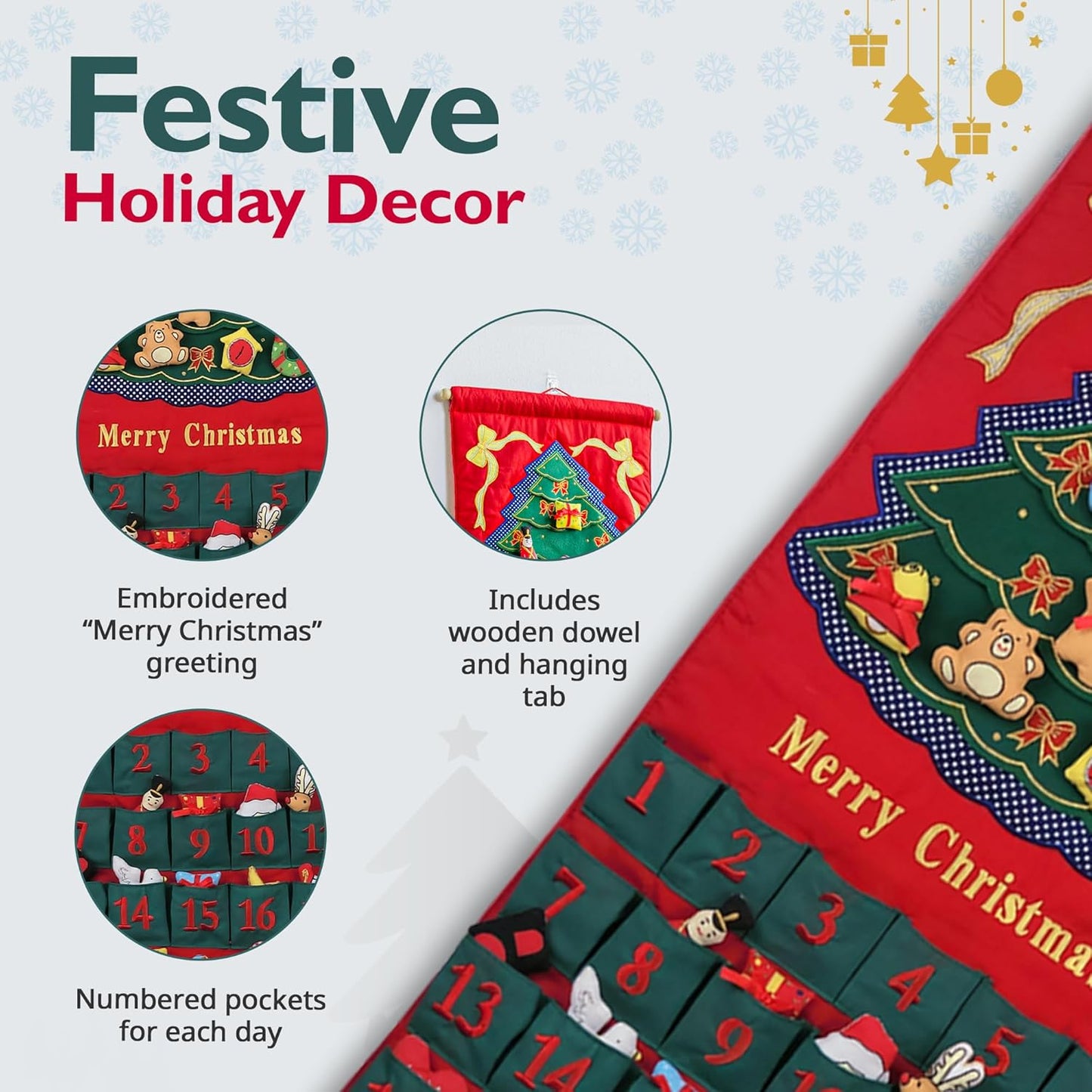 Pockets of Learning Merry Christmas Green Tree Advent Calendar - Festive Fabric Wall Hanging with 24 Stuffed Ornaments