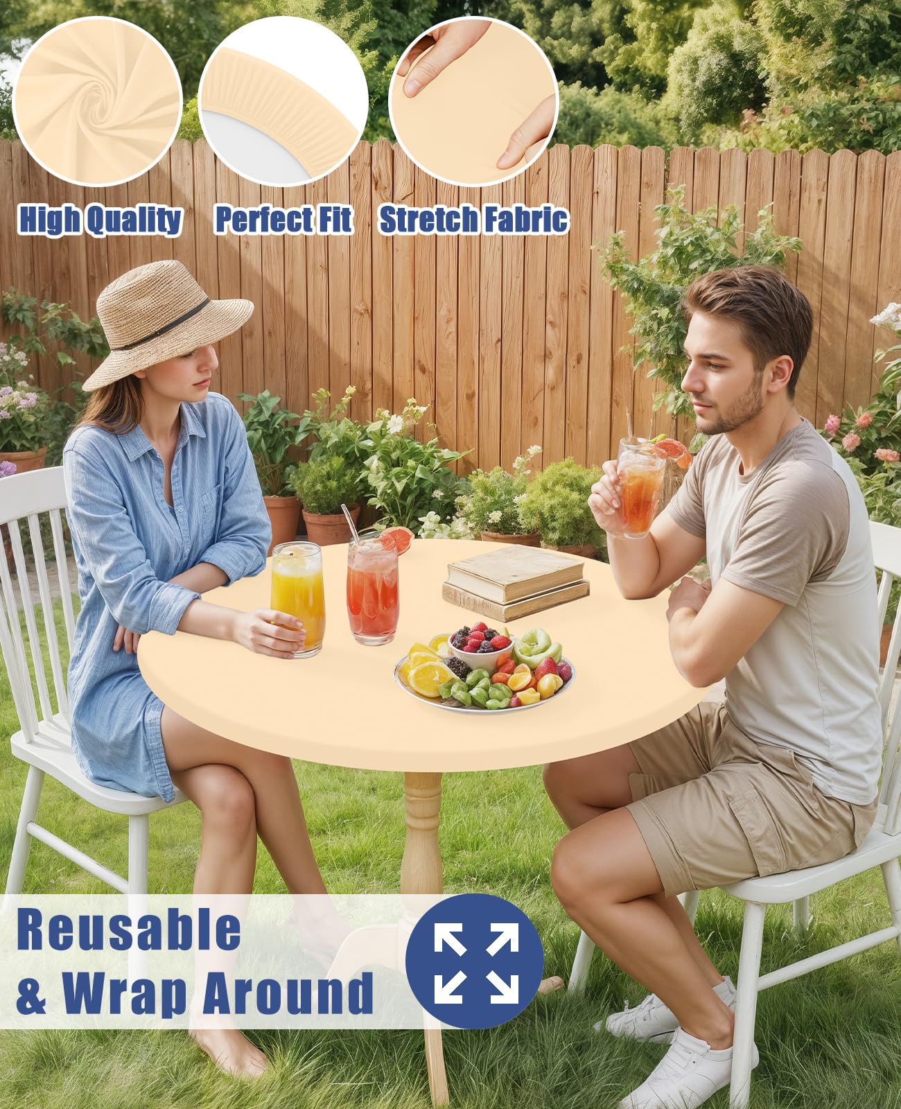Moosfor Round Spandex Tablecloth, Elastic Fitted Waterproof Tablecloths for 45"-56" Tables, Stretch Washable Picnic Table Cover for Camping, Dining, Indoor and Outdoor,Ivory