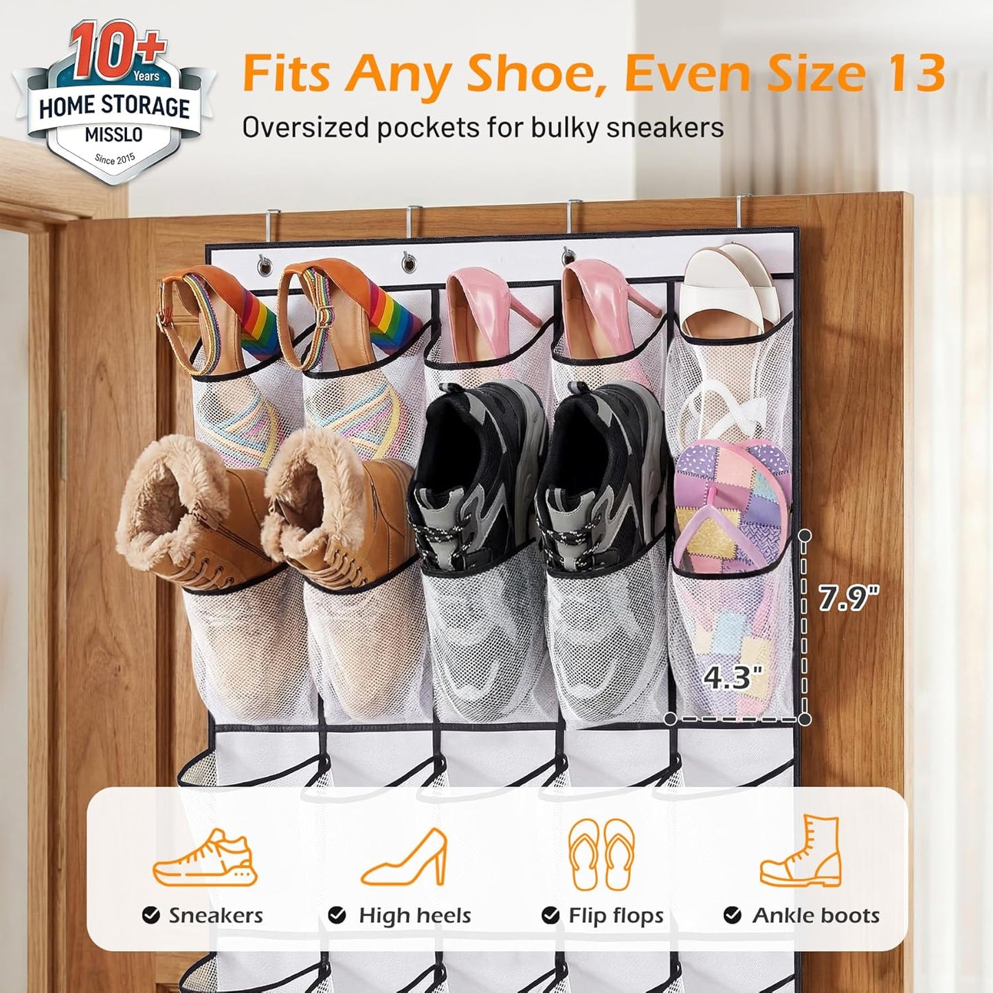 MISSLO Over The Door Shoe Organizer - 35 Large Pockets, Sturdy Oxford Fabric, White Hanging Rack