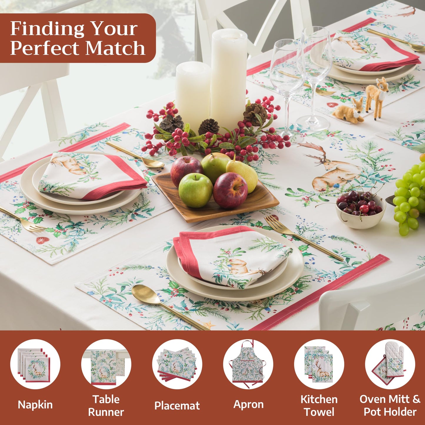 Maison d' Hermine Table Cloth Rectangle Table 100% Cotton 70 x 140 Inches Fall Tablecloth Reusable Everyday Use for Thanksgiving Christmas Decorations Dining Farmhouse Party (Holly Time)
