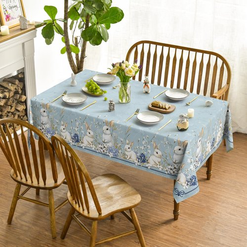 Horaldaily Easter Tablecloth 60×84 Inch Rectangular, Blue Easter Bunny Flowers Washable Seasonal Table Cover for Party Picnic Dinner Decor