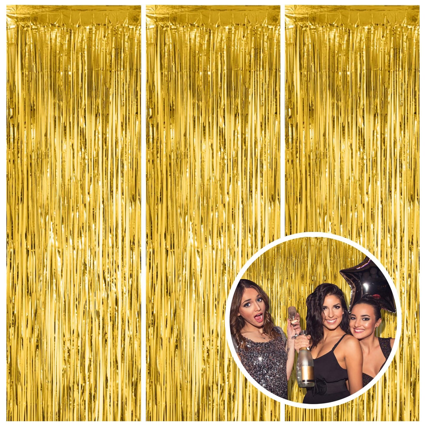 3 Pack Gold Fringe Backdrop Curtain Tinsel Party Streamers Birthday Party Decorations New Year Photo Booth Backdrop Halloween Christmas Graduation Bachelorette Theme Party Decorations