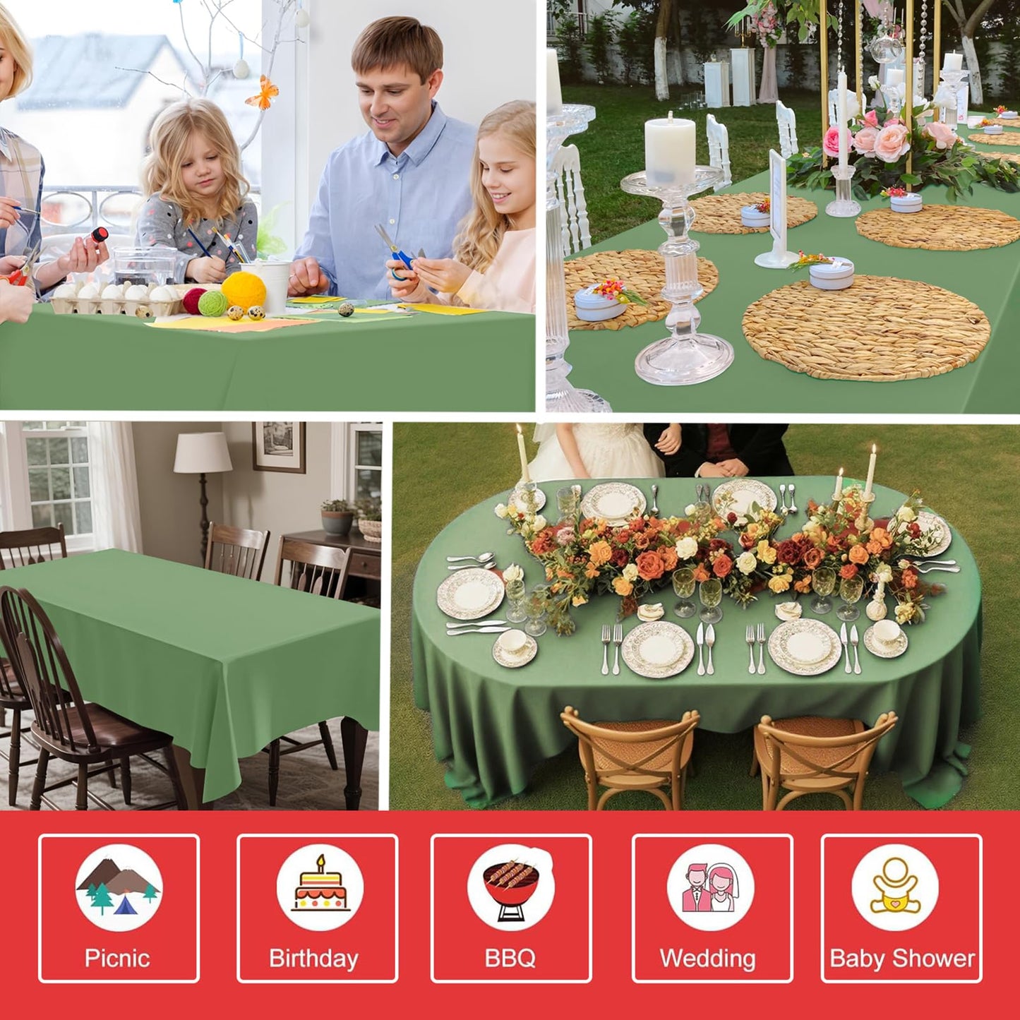 Kilyparty 6 Pack Sage Green Plastic Tablecloths for Rectangle Tables Waterproof Sage Green Table Cover for Birthday Bridal Wedding Baby Shower Party Decorations, 54 X 108Inch