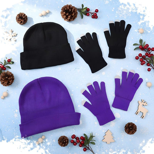 Tivi Tovo 4 Pcs Winter Knit Beanie Hat and Touchscreen Gloves Set for Women Men Warm Acrylic Cap and Gloves Set(Black, Purple,Knit)