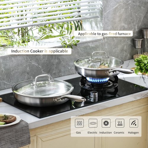 DELARLO Tri-Ply Stainless Steel Pan, 18/10 Frying Pan, Oven Safe Up to 600°F, Nontoxic Cookware, Compatible with All Cooktops Skillet, Durable, Fast Even Heat Fry Pan,8" 10" 12" with lids