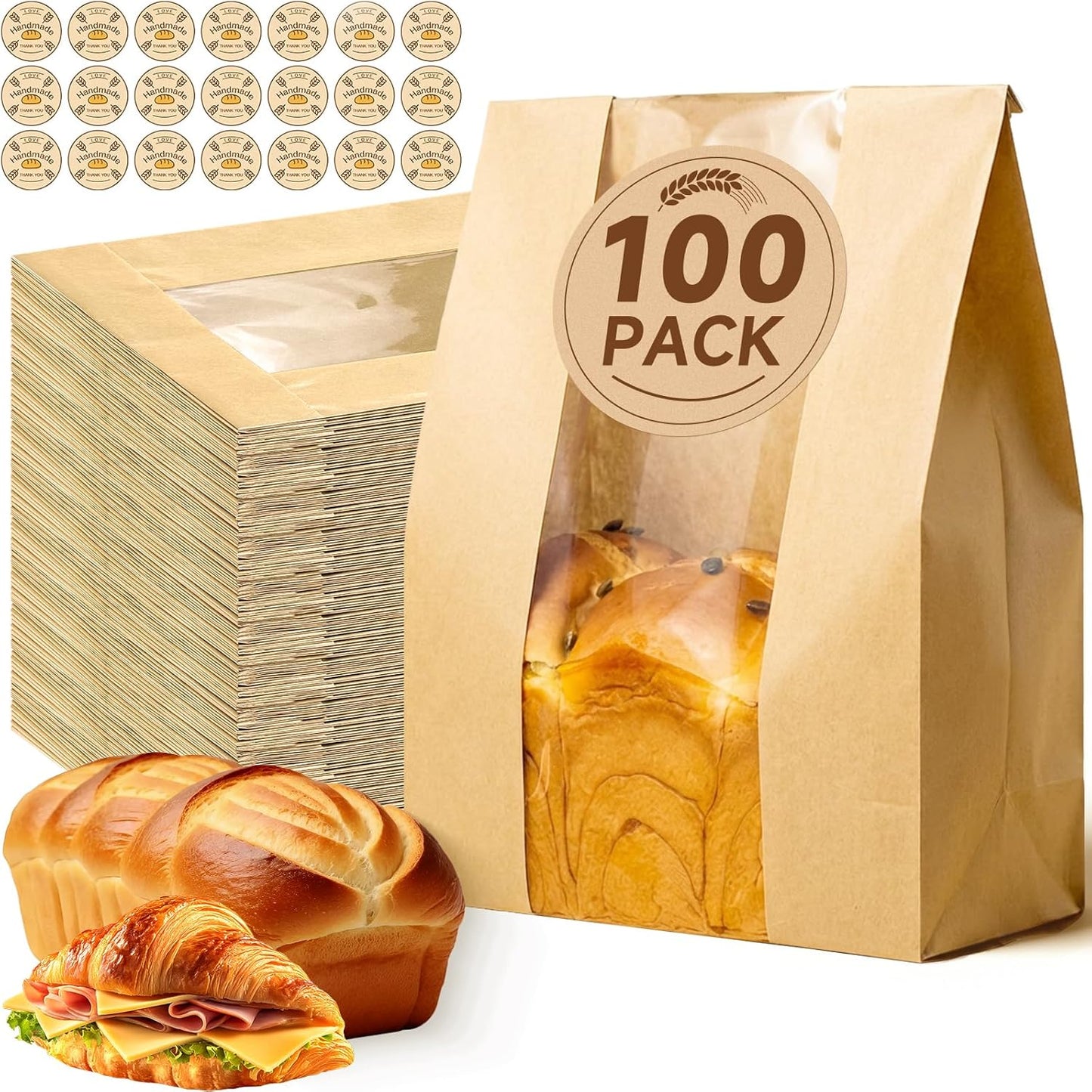 Tripho Bread Bags - 100 Pcs Clear Window Sourdough Storage Bags with 120 Stickers | Ideal for Cookies & Snacks