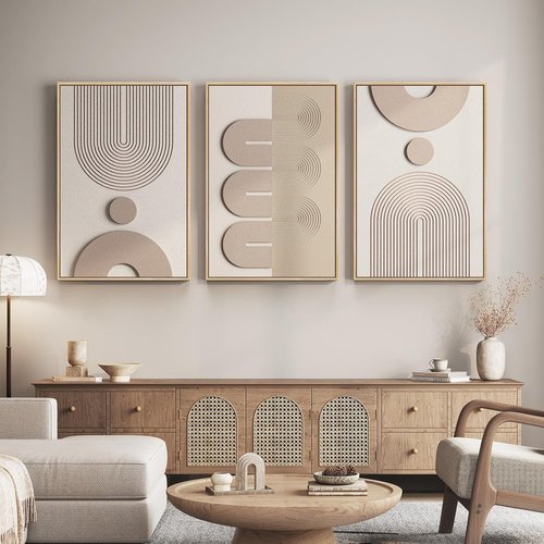 Boho Wall Art by Large 3D Textured | Modern Abstract 3-Piece Set for Living Room - Beige & White 24x36 In