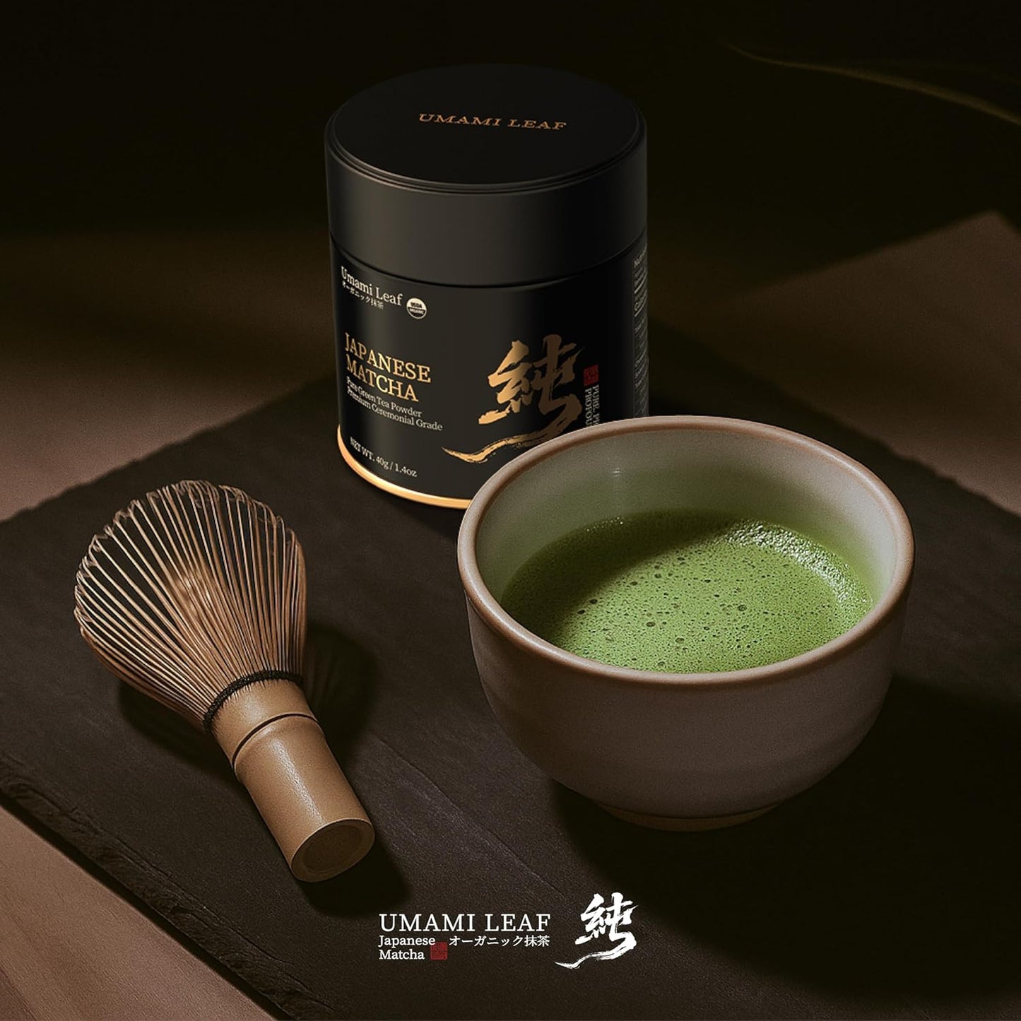Umami Leaf Organic Japanese Ceremonial Grade Matcha - 100% Pure Green Tea Powder, USDA Certified, Authentic Uji Kyoto Origin (40g / 1.4oz Tin)
