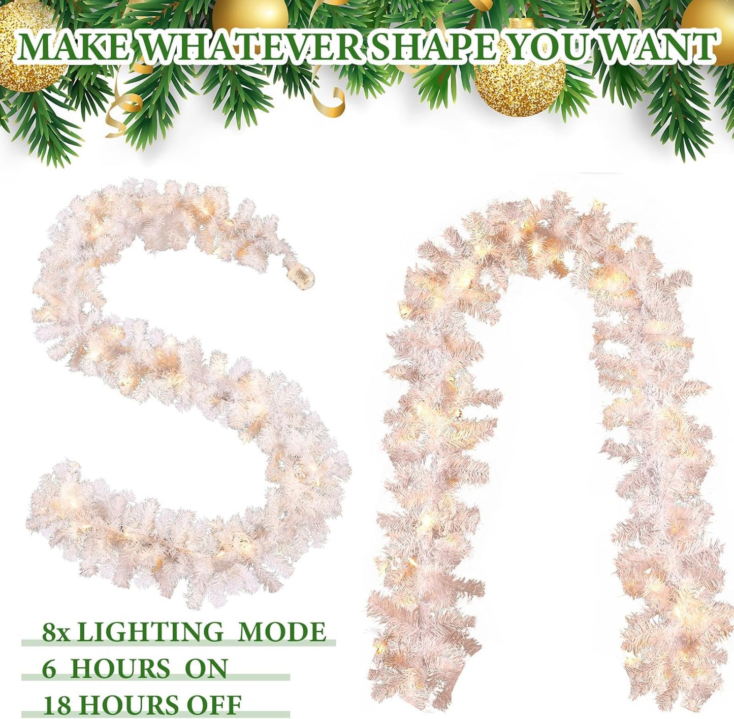 Hotop 9 ft Faux Spruce Artificial Christmas Garland LED Garland Warm Pine Prelit Battery Operated Lighted Garland for Seasonal Indoor Home Fireplace Mantle Tree Stair Decor (2 Pcs,White)