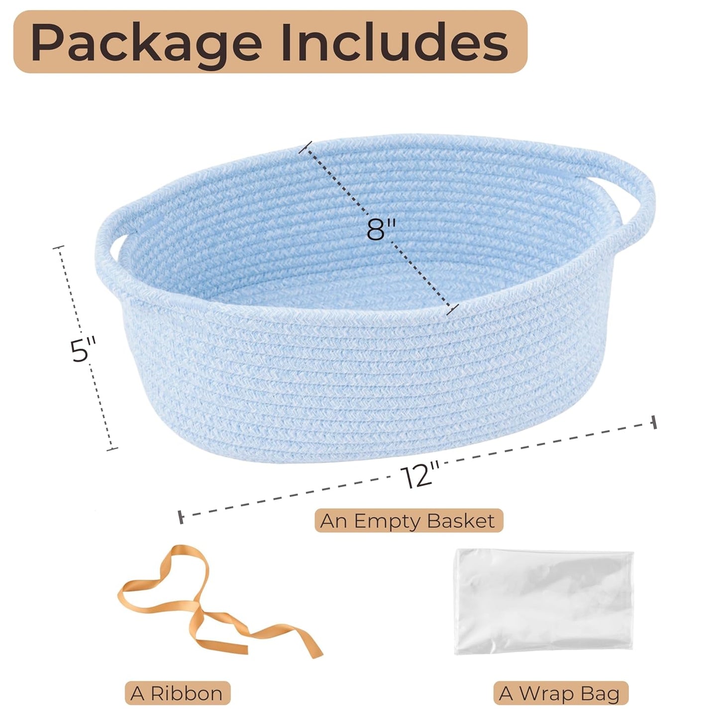 Small Woven Easter Basket - Decorative Rope Storage Organizer with Gift Bag & Ribbon | 12"x8"x5", Blue