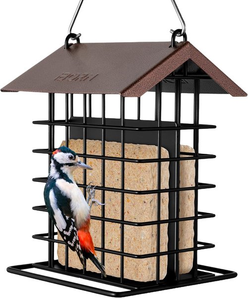 iBorn Suet Bird Feeder - Weatherproof Metal Roof & Squirrel Proof Hanger - 1 Pack, Coffee Color